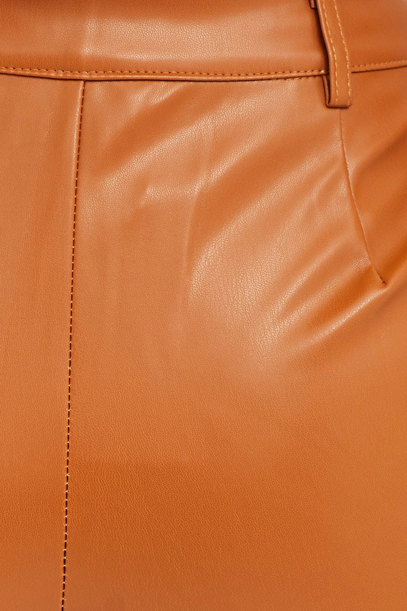 High Rise Faux Leather Flare Pants for Women - Trendy Beige Stretch Pants for Casual Outfits & Night Out