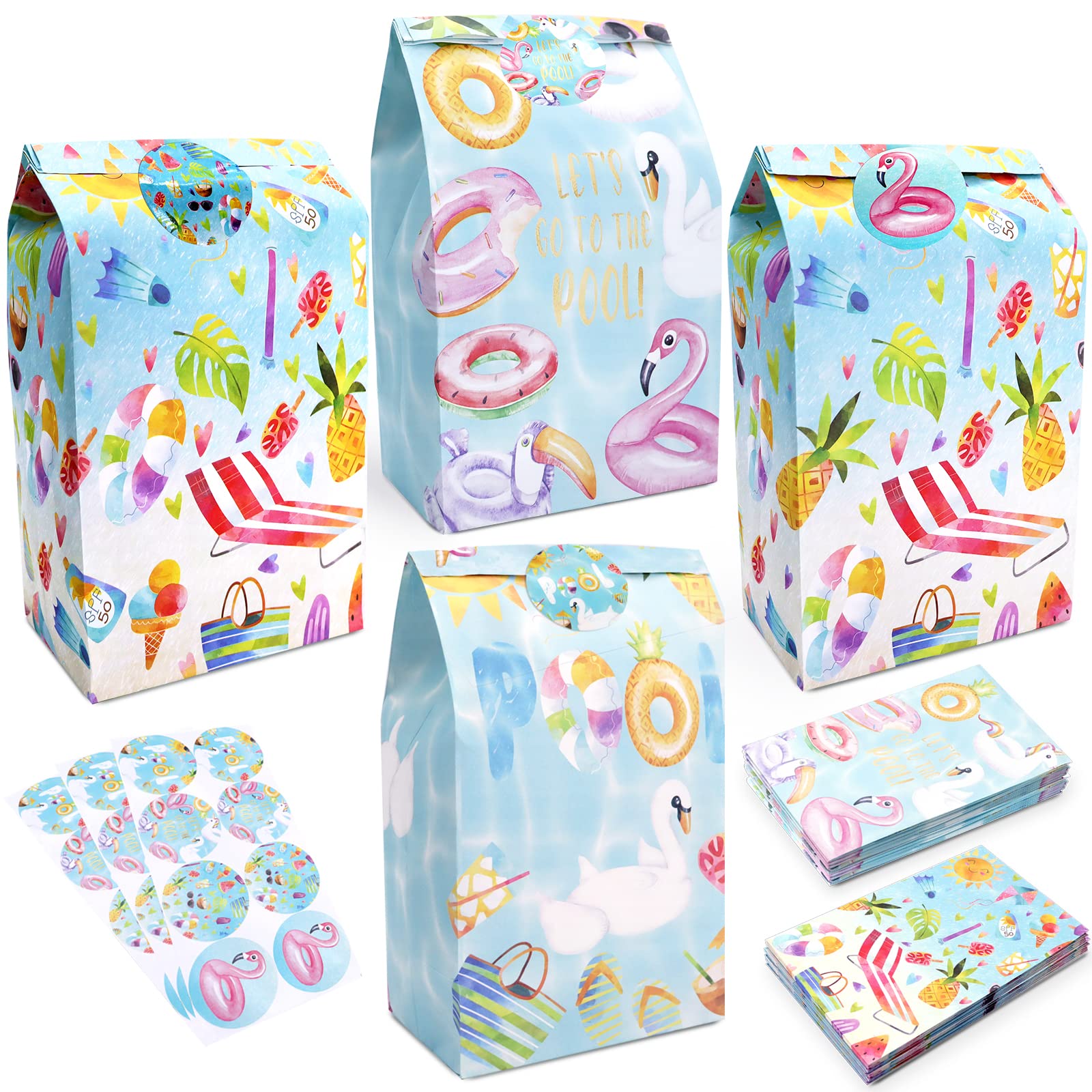 24 PCS Waterproof Pool Party Favor Bags with Fun Stickers - Candy & Goodie Gift Treat Bags for Kids - Perfect for Summer Pool Parties, Birthday Celebrations & Beach Themed Events