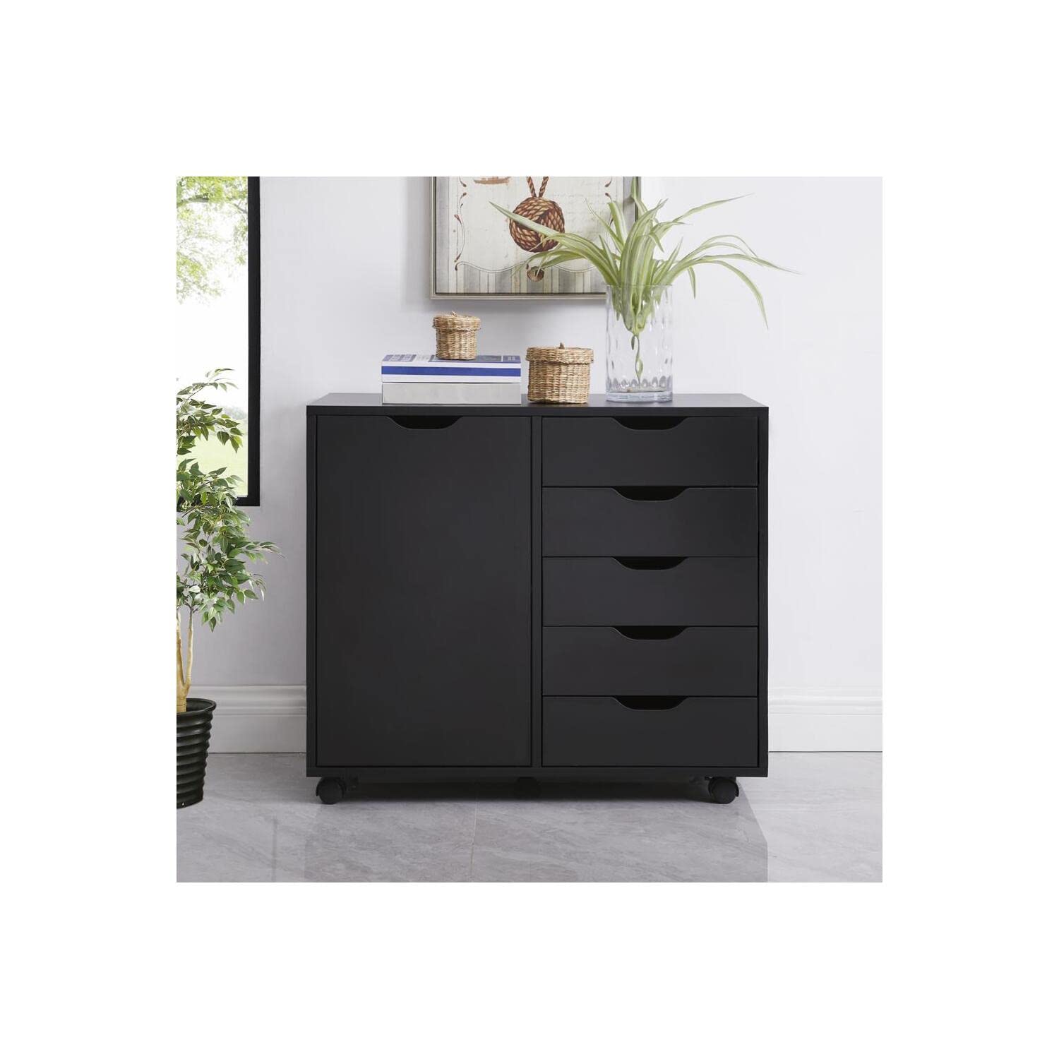 Naomi Home 5-Drawer Dresser with Wheels - Tall Bedroom Storage Cabinet for Clothes, Makeup & Accessories - 180 lbs Capacity - Black - Perfect for Bedroom, Closet Organization & Vanity Setup