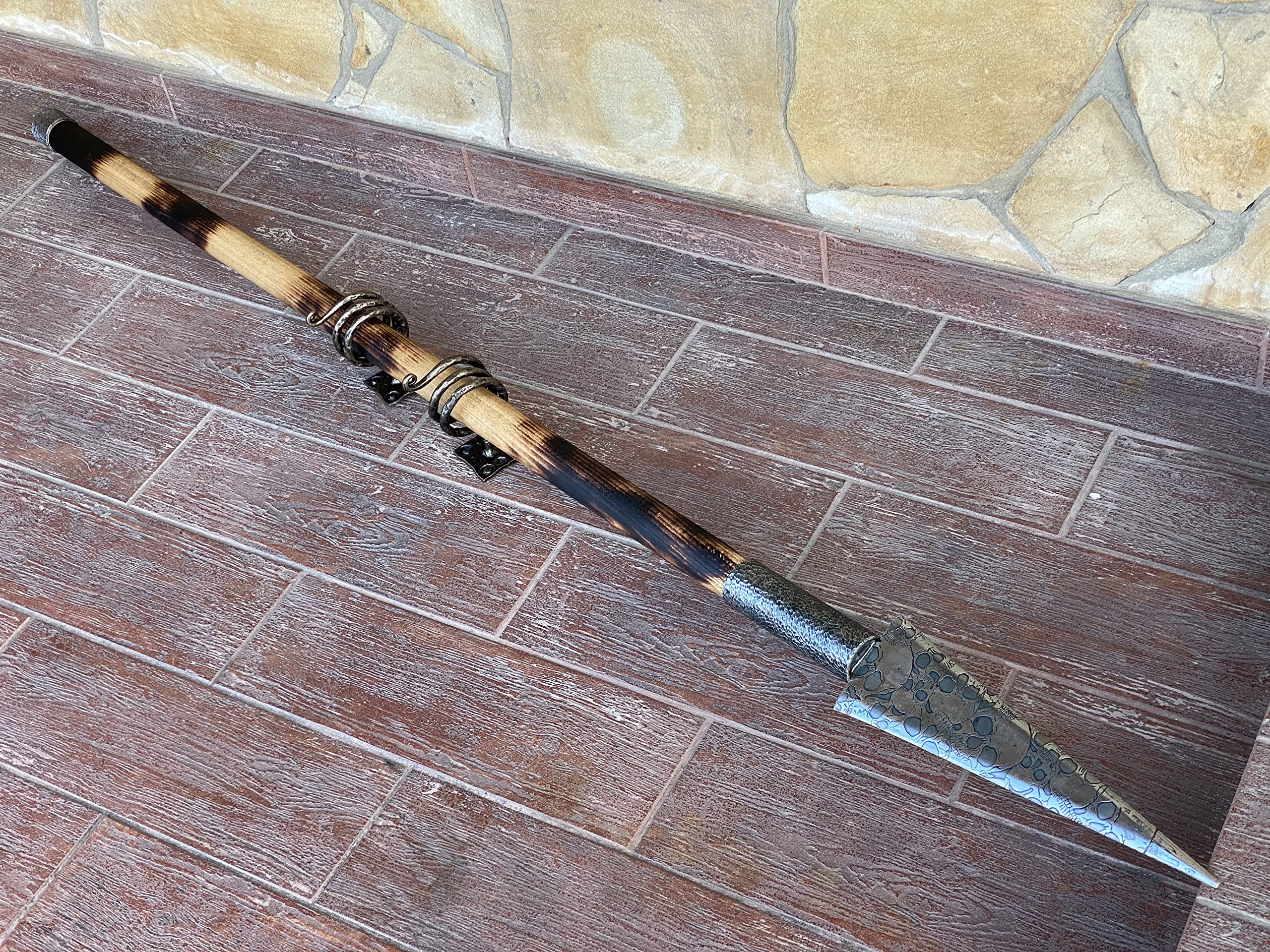 Viking Spear with 2 Wall Mounts & Etched Skulls - Medieval Weapon for Cosplay, Viking Gift, Home Decor | Perfect for LARP, Theater Props, and Norse-Themed Room Display
