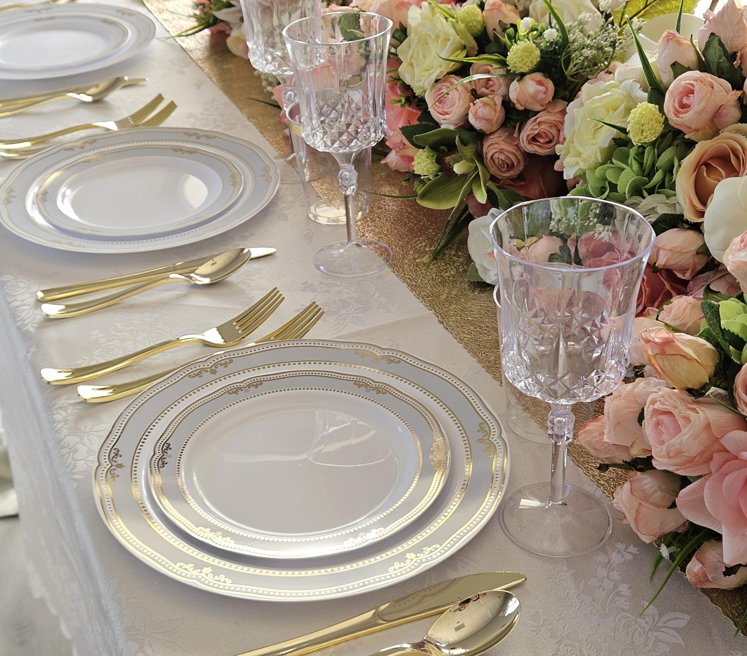 60-Piece Disposable Plastic Plates & Bowls Set - 12oz Scalloped Soup Bowls for Weddings, Parties & Events (White/Blue & Gold) - Perfect for Catering, Picnics & Family Gatherings