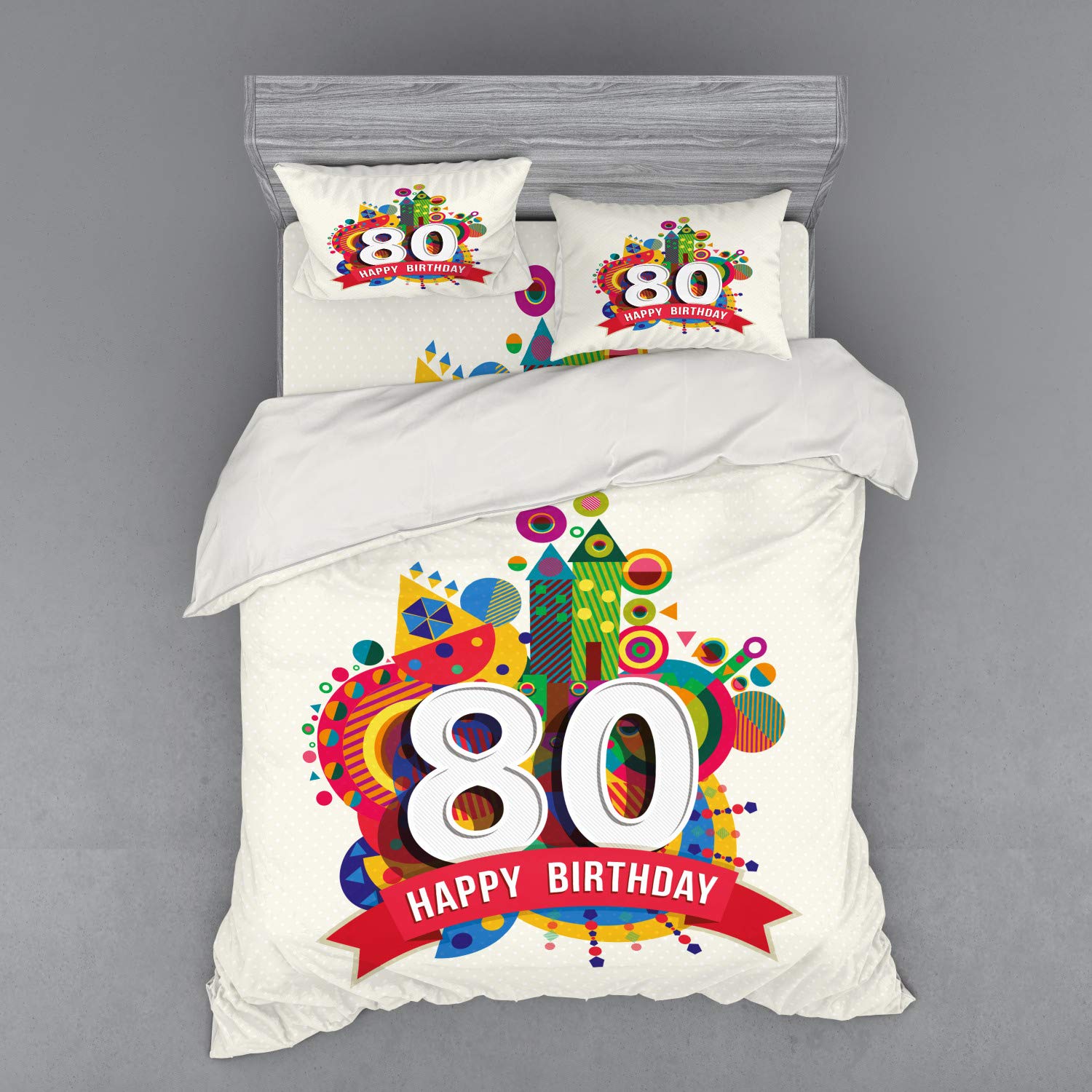 Ambesonne 80th Birthday Duvet Cover Set - Happy Birthday Ribbon with Geometric Castle Boat Design, 4-Piece Queen Size Bedding Set with Shams & Fitted Sheet - Perfect for Birthday Celebrations & Guest Room Decor