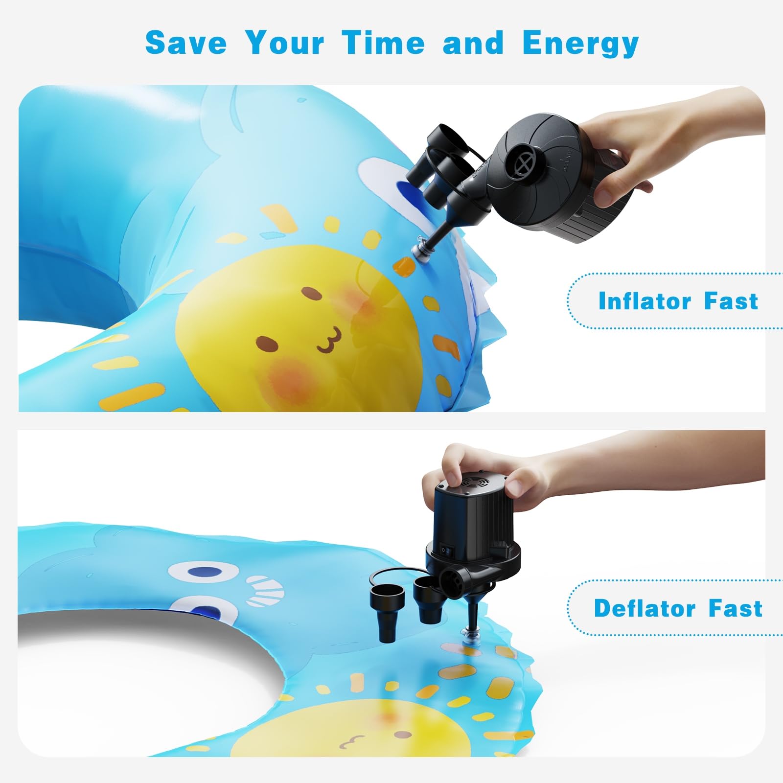 Electric Air Pump for Inflatables - Portable Quick-Fill Pump with 3 Nozzles (110-120V) | Inflator & Deflator for Air Mattress, Pool Floats, Boats, Camping Gear | Perfect for Outdoor Adventures, Home Use & Emergency Inflation