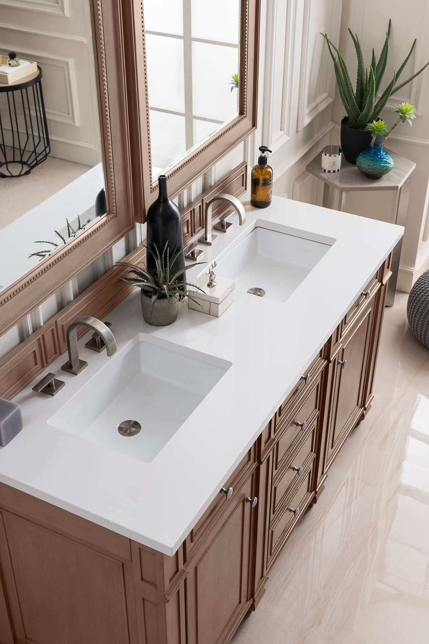 Bristol 60 Inch Double Bathroom Vanity with Whitewashed Walnut Finish & 3CM Classic White Quartz Countertop - Perfect for Master Bathroom, Guest Bathroom, and Modern Home Renovation