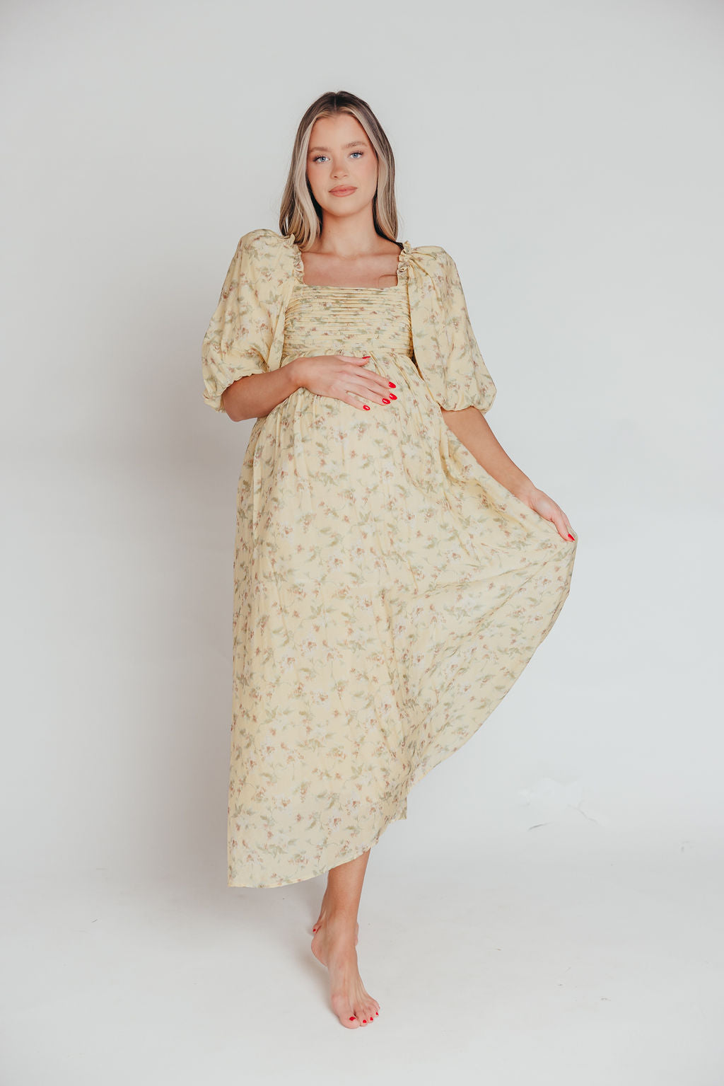 Melody Maxi Dress with Pleats & Bow Detail - Yellow Floral Print | Bump Friendly Maternity Dress | Inclusive Sizing (S-3XL) | Perfect for Weddings, Baby Showers & Summer Vacations