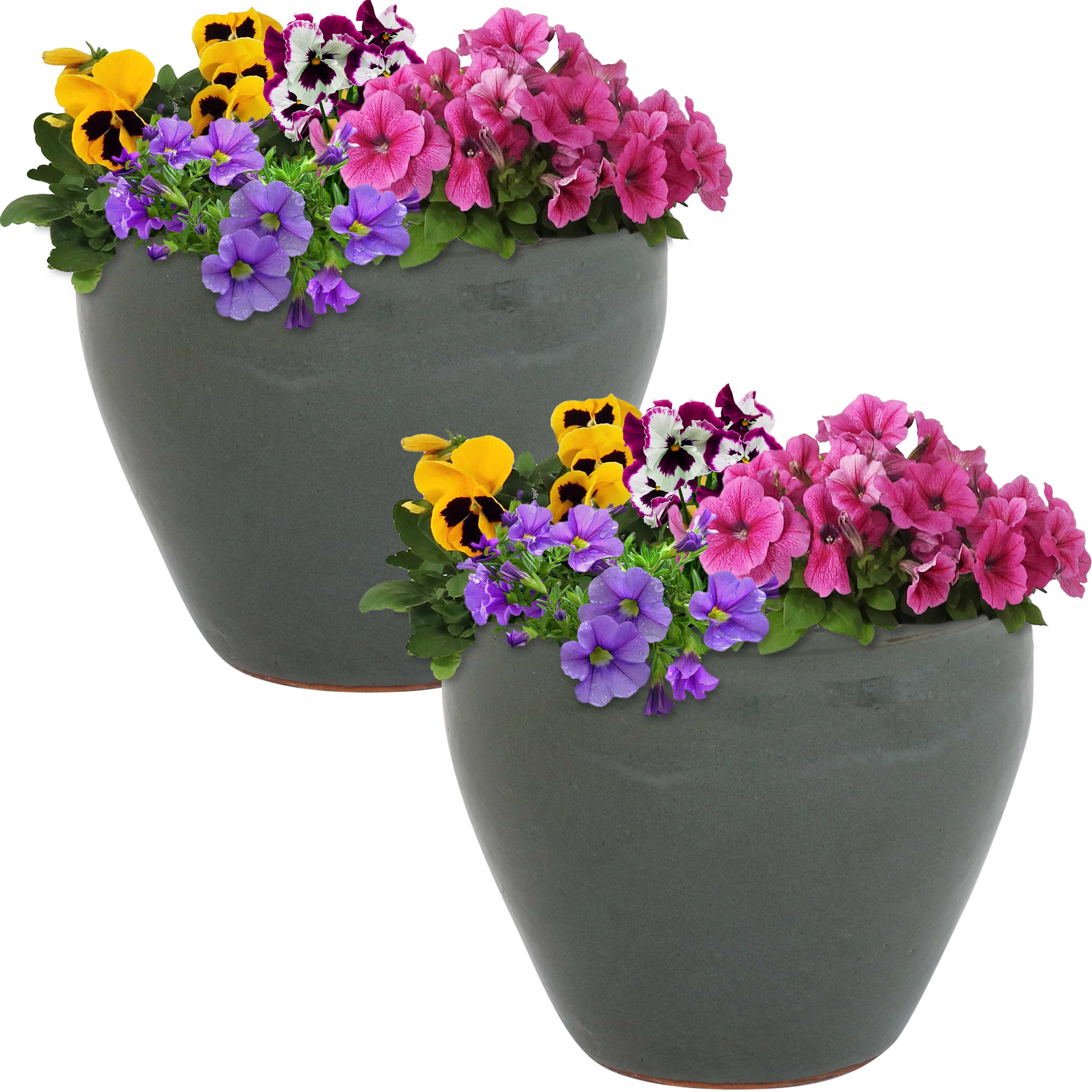 Sunnydaze Chalet Glazed Ceramic Plant Pots with Drainage Holes - Set of 2, Indoor Outdoor Garden Decor for Flowers, Succulents, Herbs - Perfect for Patio, Balcony, and Home Décor
