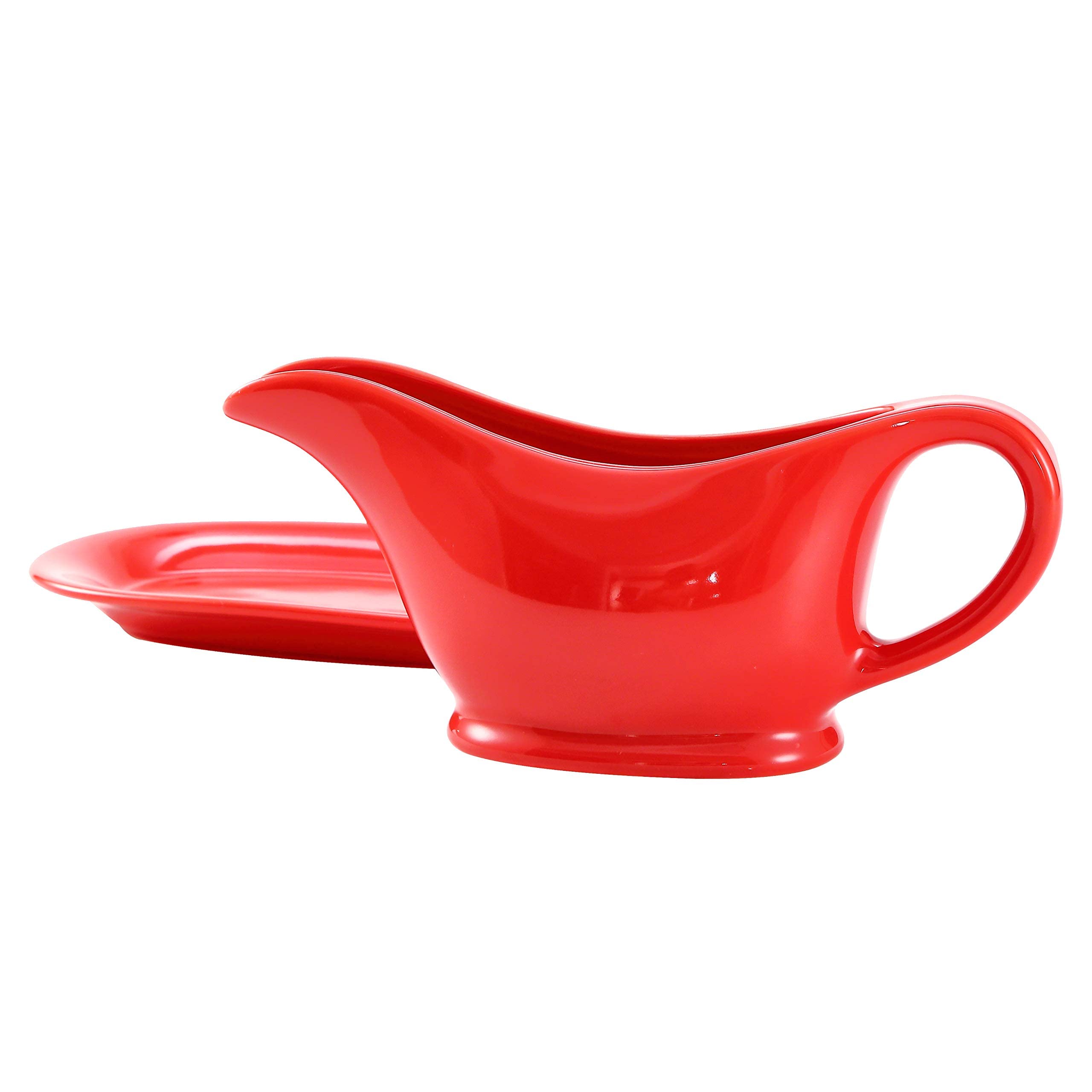 Bruntmor 11 Oz Red Ceramic Gravy Boat with Tray - Elegant Sauce Dispenser & Serving Dish for Thanksgiving, Dinner Parties & Holiday Meals - Perfect for Gravy, Syrup & Condiments