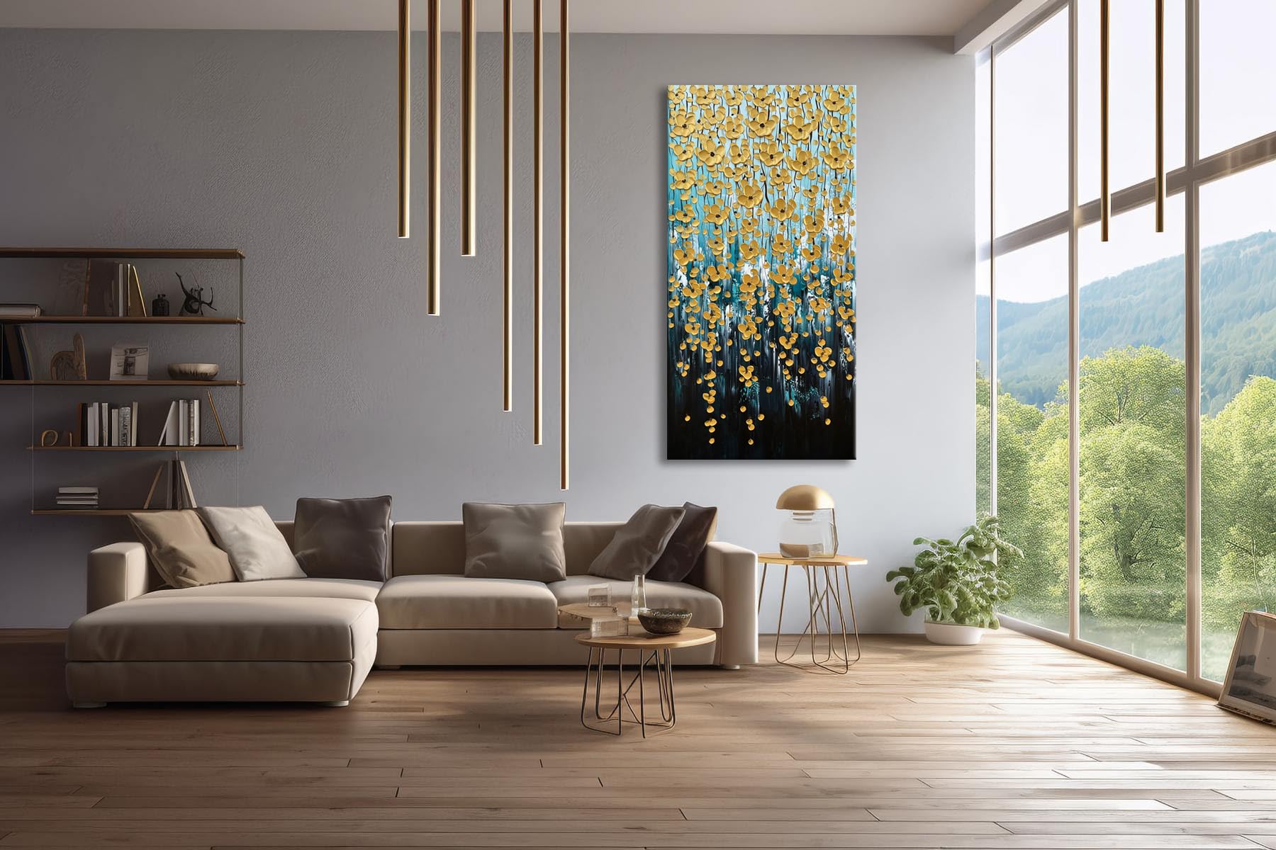 Zoinart 3D Modern Oil Painting on Canvas 24x48 Inches - Hand Painted Abstract Gold Floral Artwork with Texture - Vertical Contemporary Wall Art for Living Room, Bedroom & Office Decor