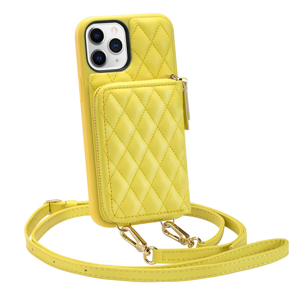 LAMEEKU iPhone 11 Pro Max Wallet Case - Premium Quilted Leather Zipper Card Holder with Wrist Strap | Shockproof Crossbody Phone Purse for Women | Perfect for Travel, Shopping & Everyday Use (6.5 Inch, Yellow)