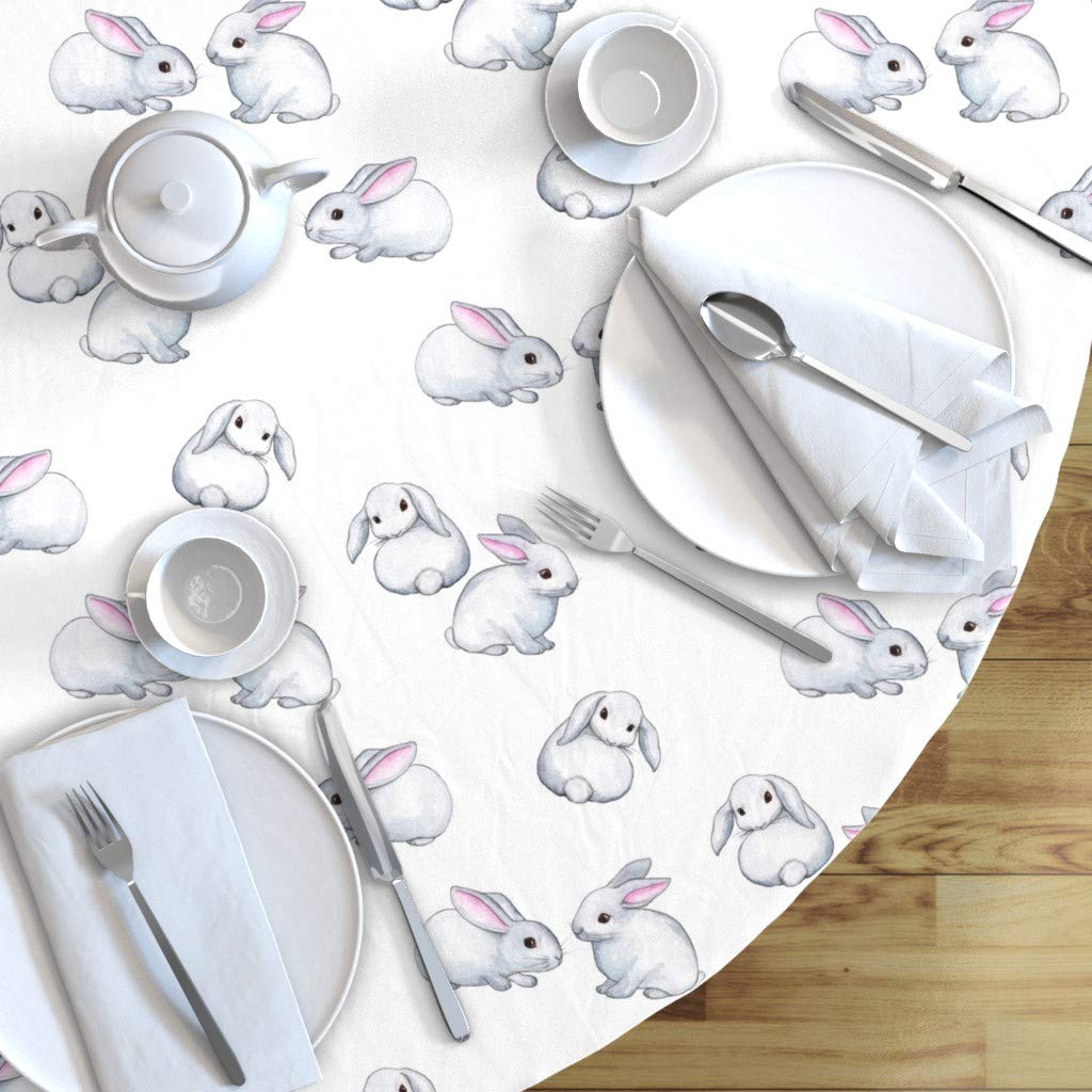 Custom Little White Rabbits Pink Watercolor Cotton Sateen Tablecloth - 70