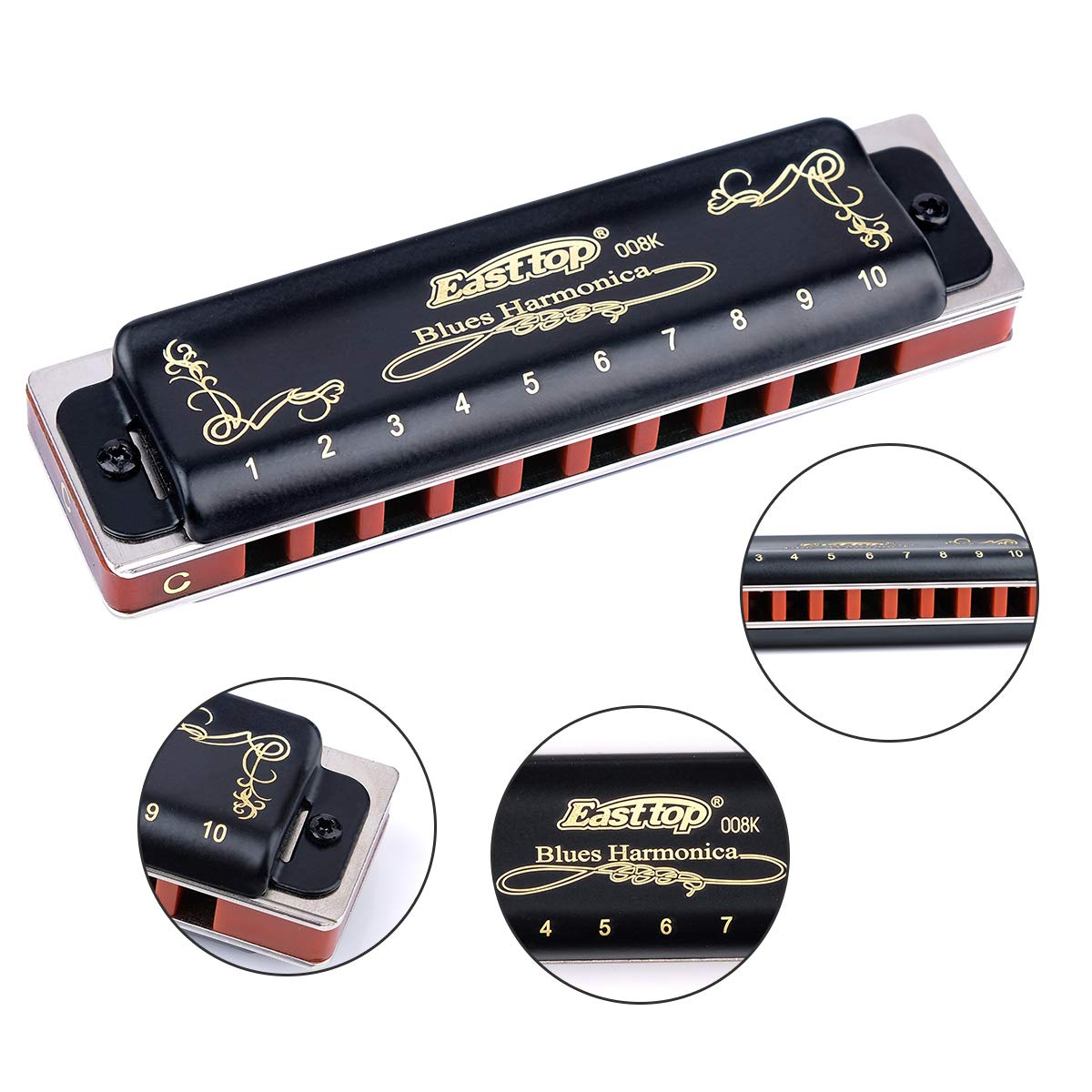 Easttop Professional 10 Hole 20 Tone Harmonica Set - 7 Keys (A,B,C,D,E,F,G) with Protective Case, Cleaning Cloth - Perfect for Adults, Beginners & Professional Players - Durable Black Design for Live Performances, Studio Recording & Music Practice
