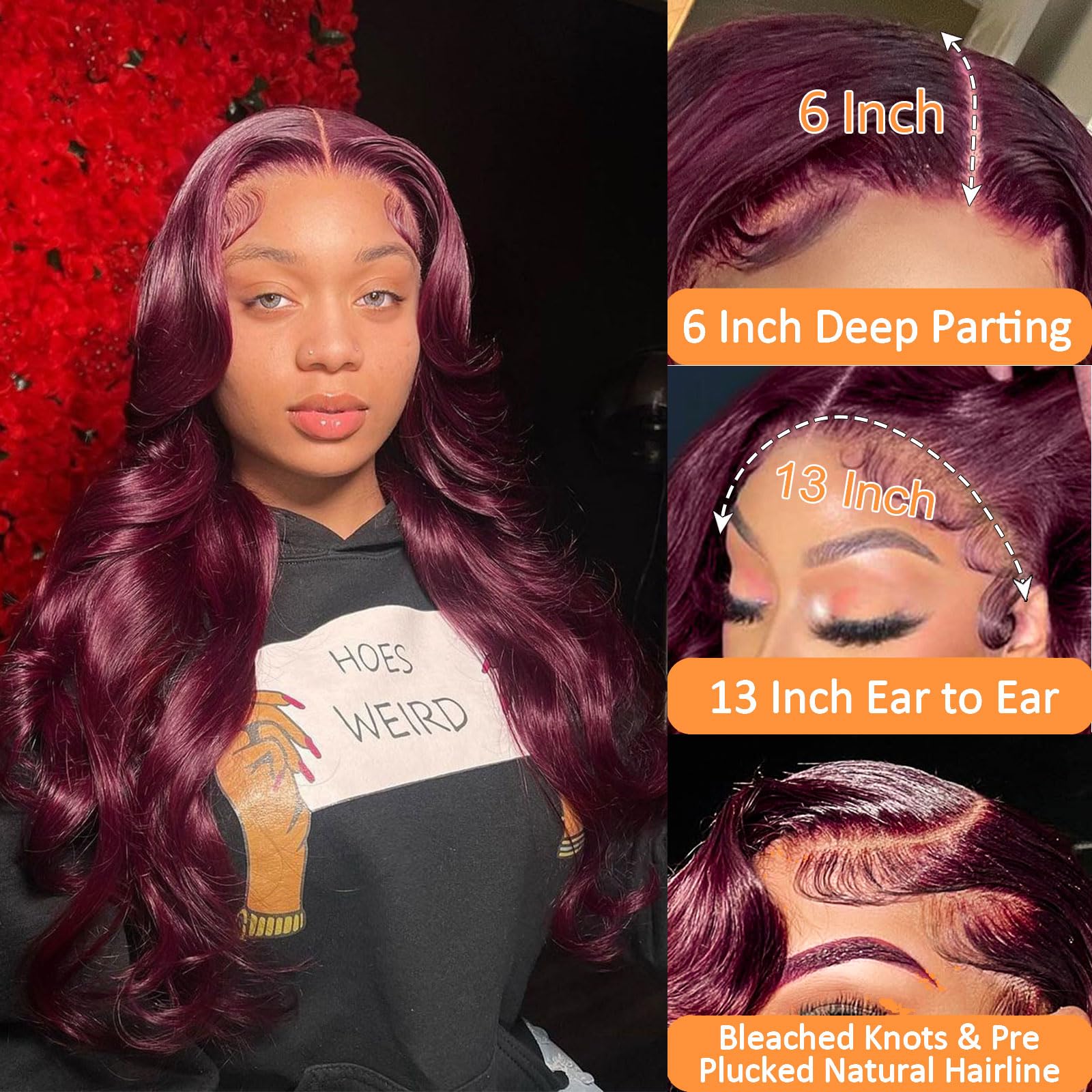 99J Burgundy 13x6 Lace Front Wigs Human Hair - Pre Plucked Bleached Knots with Baby Hair, 180% Density Body Wave Glueless Wig for Black Women (26 Inch) - Perfect for Daily Wear, Parties, Weddings & Special Occasions