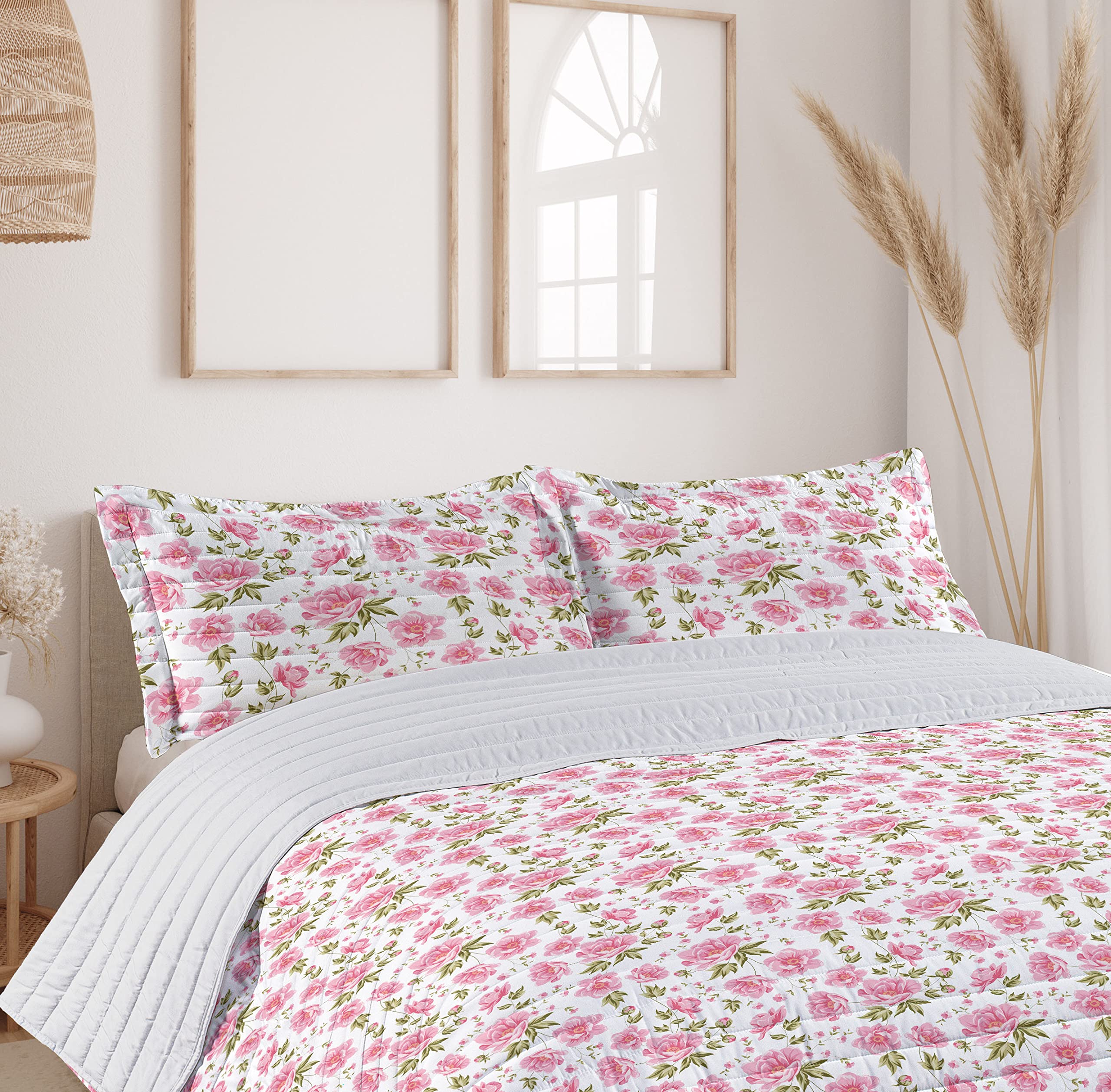 Lunarable Peonies Microfiber Bedspread Set - Queen Size Soft Bedding with Pillow Shams & Comforter in Olive Green Pink White | Shabby Chic Floral Design with Cherry Blossom Twigs | Perfect for Romantic Bedroom Decor, Summer Home Refresh & Cozy Nights