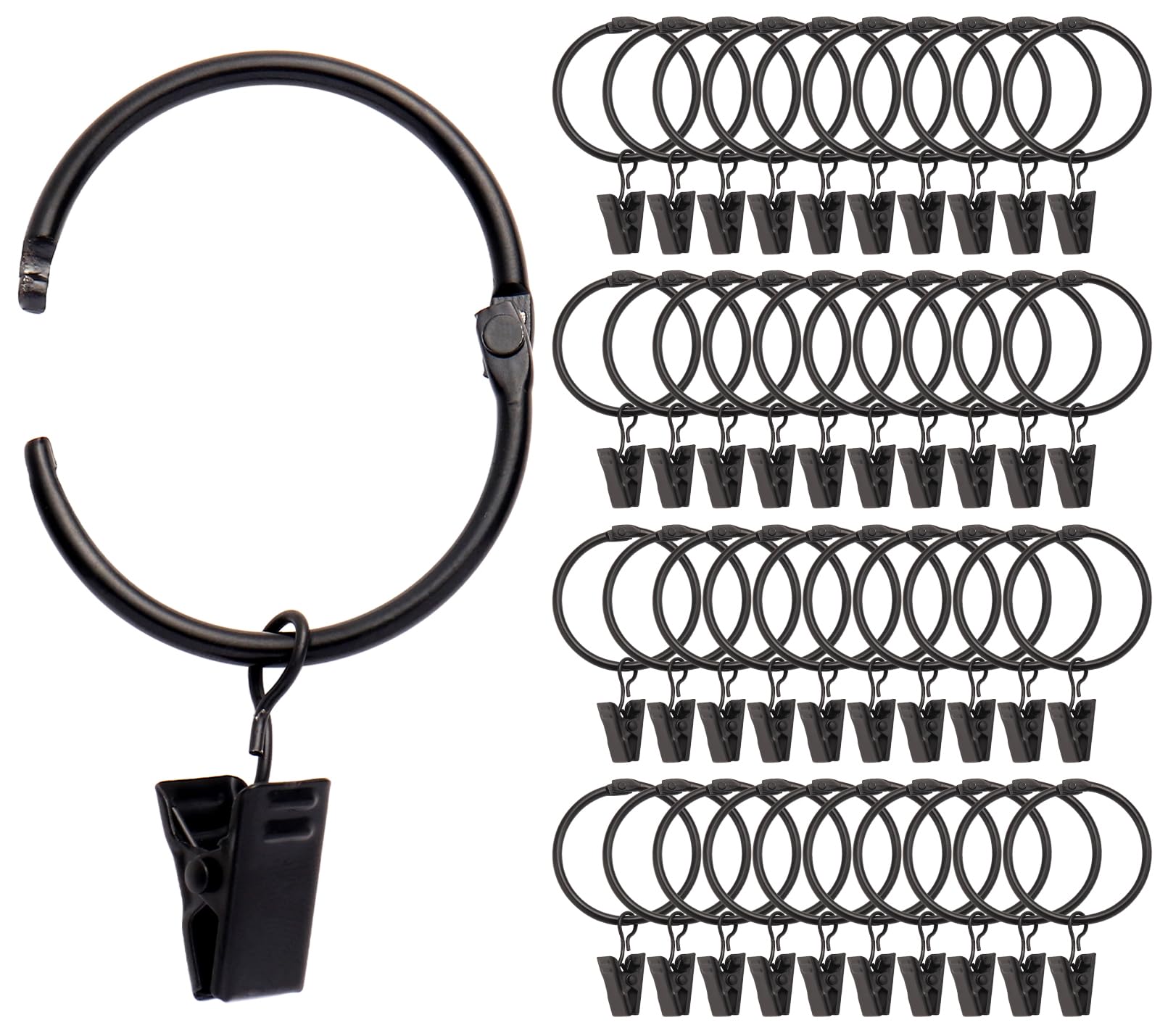 40 Pack Rustproof Metal Curtain Rings with Hooks - 1.5 Inch Inner Diameter, Heavy Duty Vintage Drapery Clips for Window Treatments - Black Open Style (Perfect for Hanging Curtains, Drapes & Sheers in Living Room, Bedroom or Office)