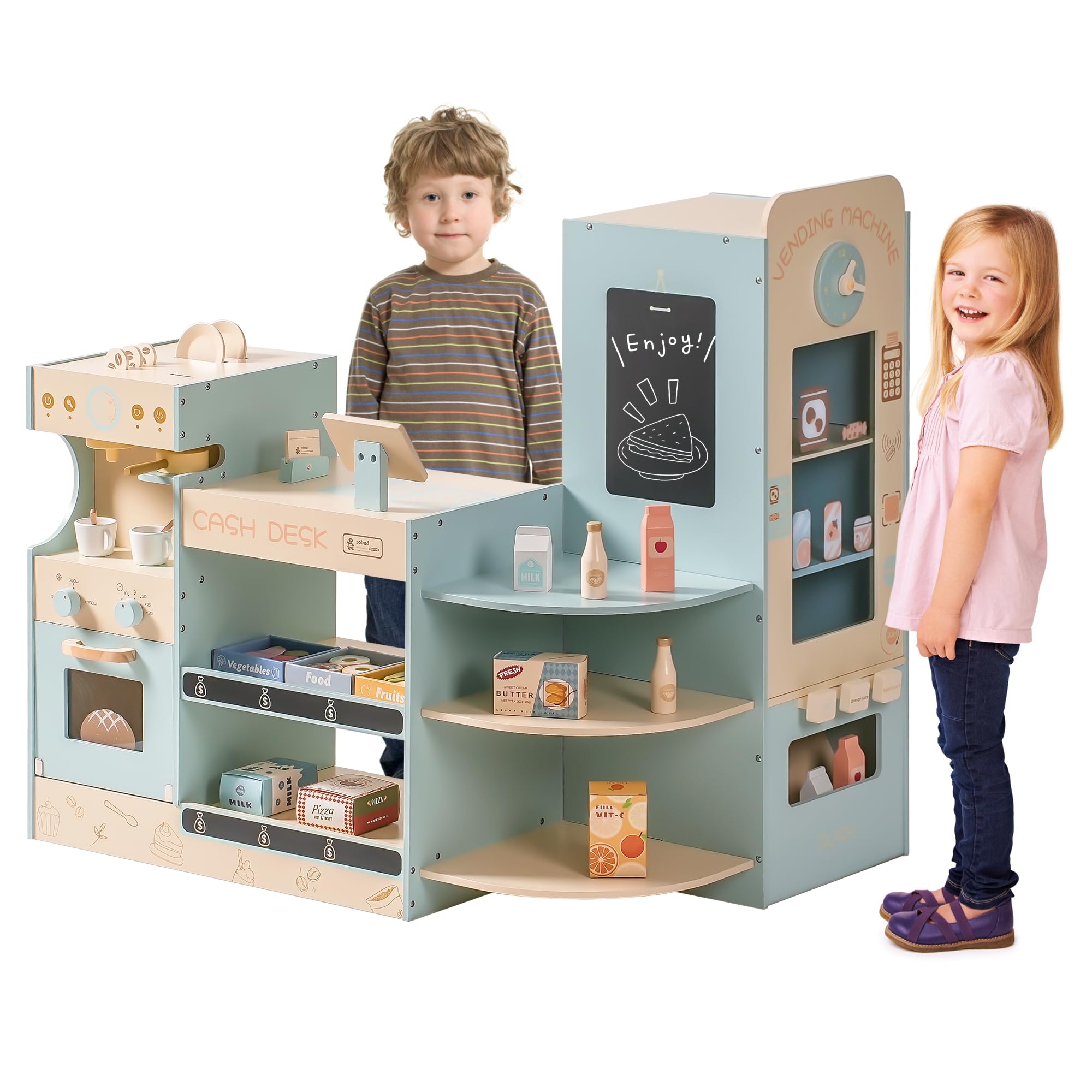 ROBOTIME Kids Pretend Play Supermarket Toy Set with Checkout Counter, Vending Machine, Coffee Maker & Cutting Food - Interactive Grocery Store Playset for Toddlers Boys & Girls - Perfect for Role Play, Learning & Family Fun