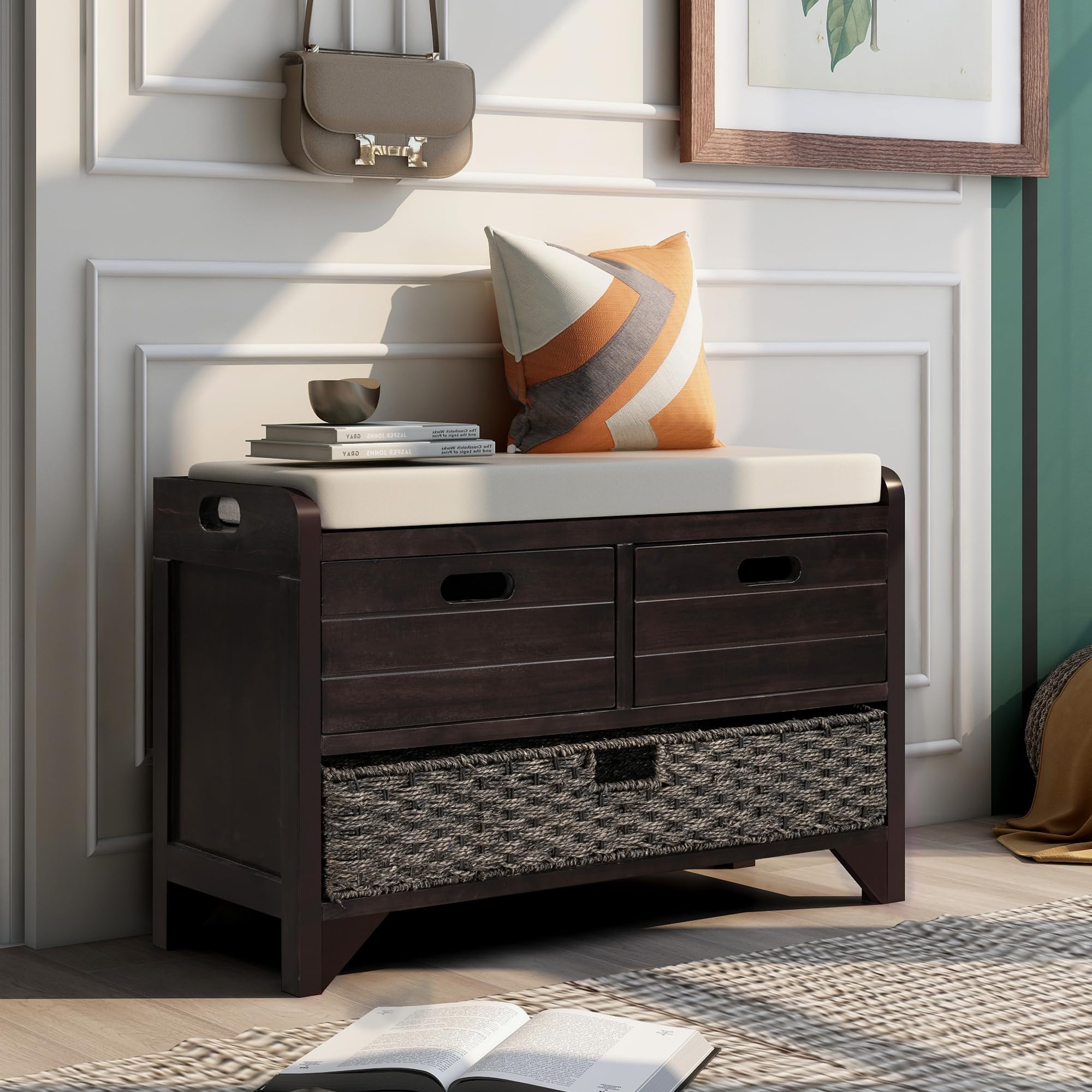 SOFTSEA Upholstered Storage Bench Ottoman with Removable Basket & 2 Drawers - Farmhouse Shoe Bench with Seat Cushion - Fully Assembled Espresso - Perfect for Entryway, Living Room & Bedroom Organization