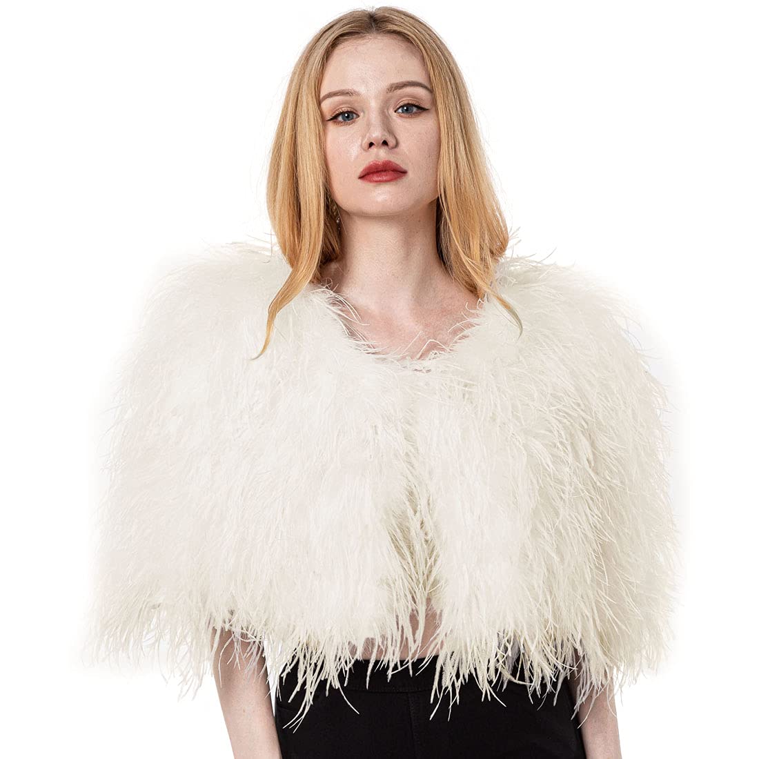 Luxury White Ostrich Feather Shawl Cape for Women - Elegant Wedding Bridal Wrap, Party Accessory, Romantic Blush Furry Stole - Perfect for Bridal Showers, Evening Galas, and Special Occasions