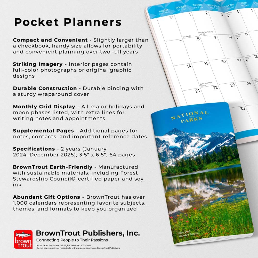2024-2025 National Parks Monthly Pocket Planner - 3.5x6.5 Inch Two-Year Calendar with Foil Stamped Cover | Scenic Yosemite & Yellowstone Nature Designs by BrownTrout | Perfect for Travel Planning, Hiking Trips & Outdoor Adventures