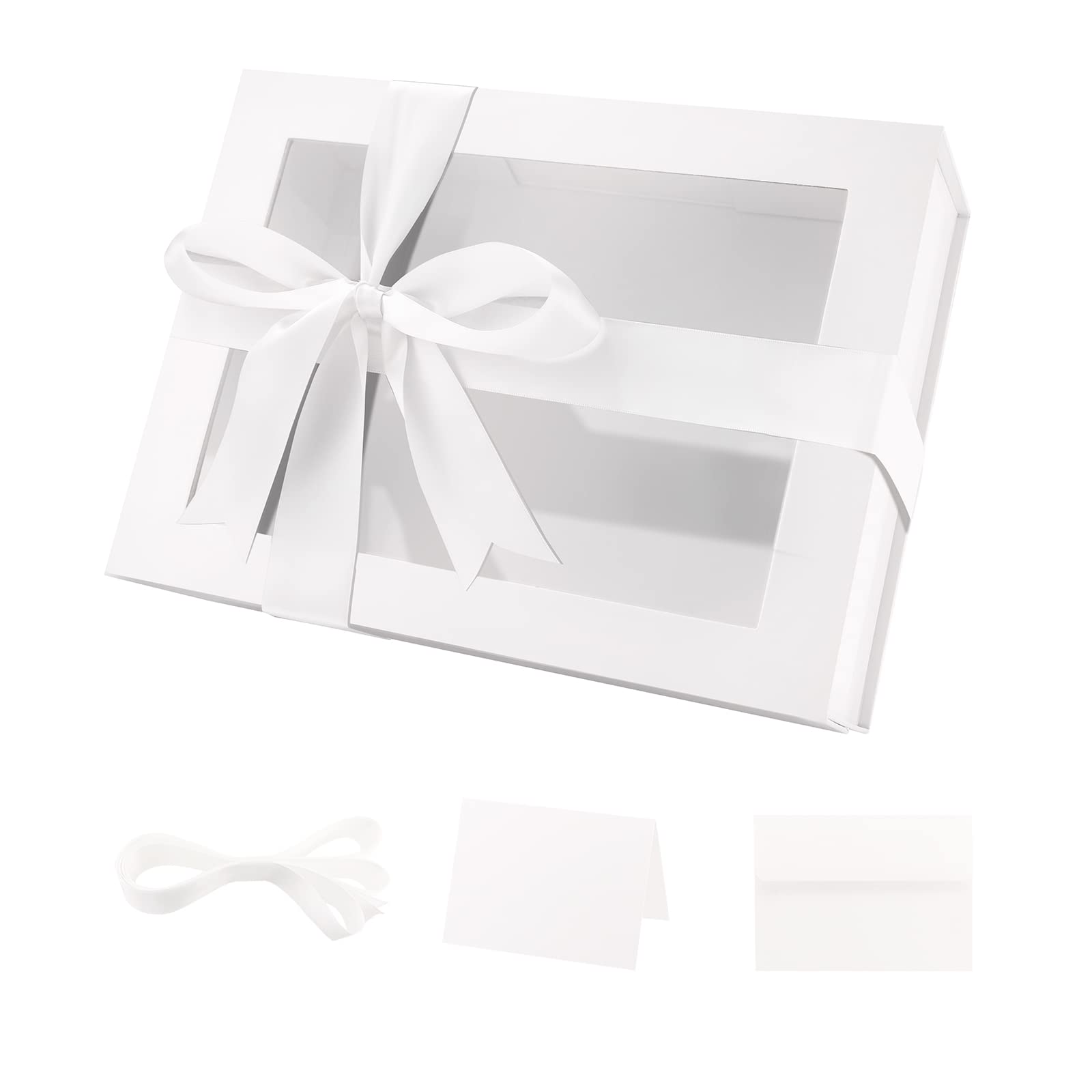 Premium White Gift Box with Clear Window - 9x6.5x3.8 Inches Magnetic Closure Present Box - Includes Ribbon & Card - Perfect for Bridesmaid Proposals, Wedding Favors, Birthday Gifts & Special Occasions
