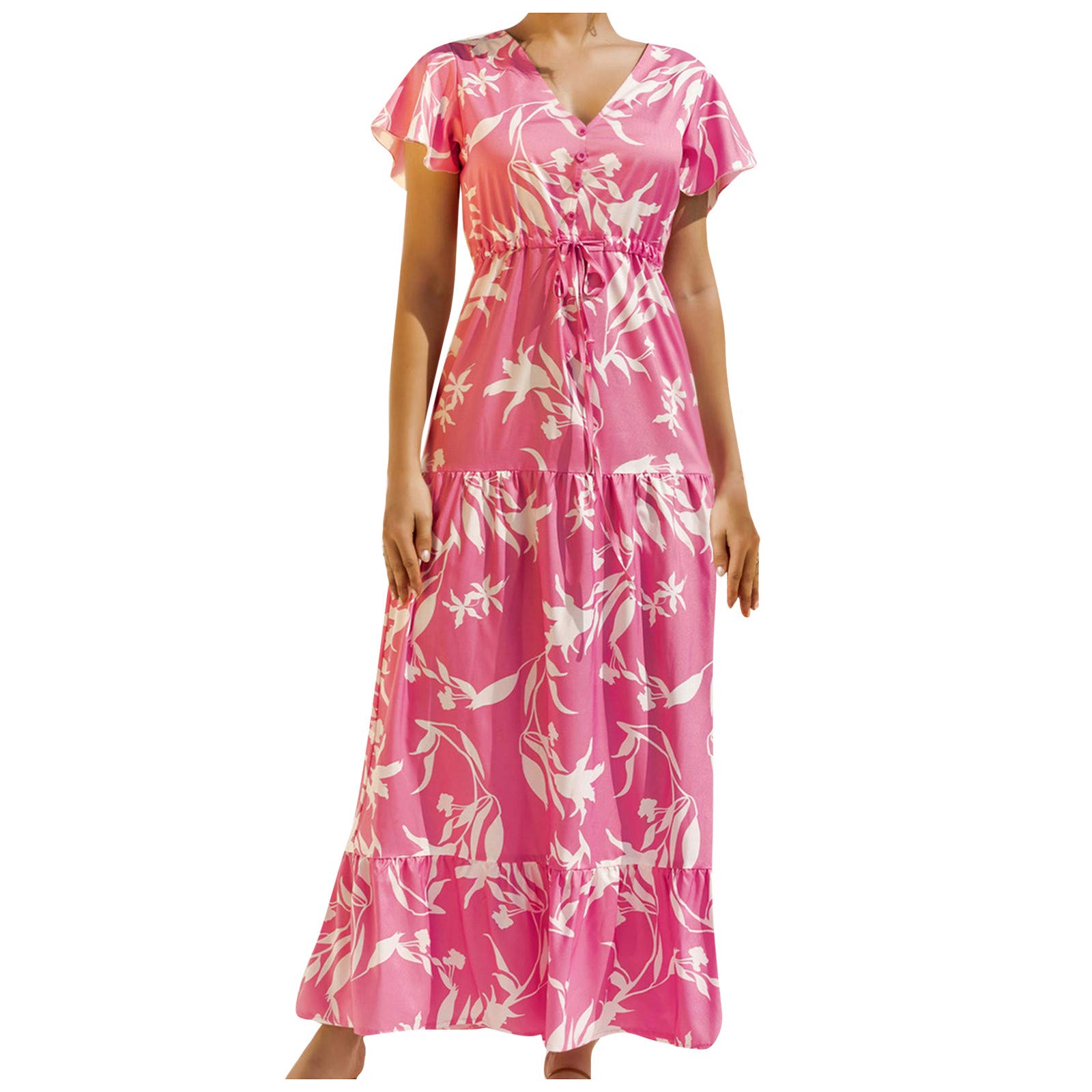 Women's Summer Casual Short Neck Long Sleeve Dress - V-Neck Flowy Maxi Dress for Beach, Vacation & Daily Wear