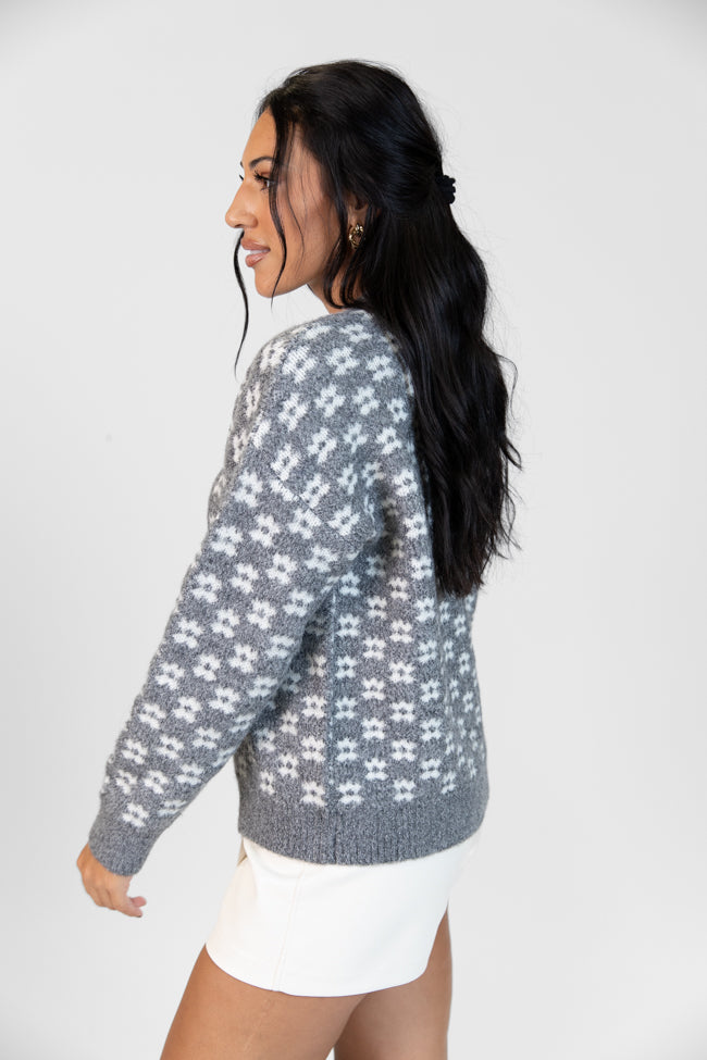 Stylish Grey Floral Print Sweater for Women - Cozy Knit Pullover for Fall & Winter - Perfect for Casual Outings, Office Wear & Date Nights