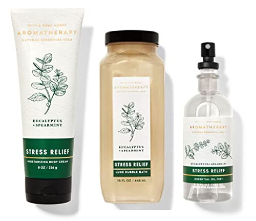 Bath & Body Works Aromatherapy Eucalyptus Spearmint Gift Set - Moisturizing Body Cream, Bubble Bath & Essential Oil Mist - Relaxing Spa Trio for Stress Relief & Self Care - Perfect for Home Spa Nights & Gifts