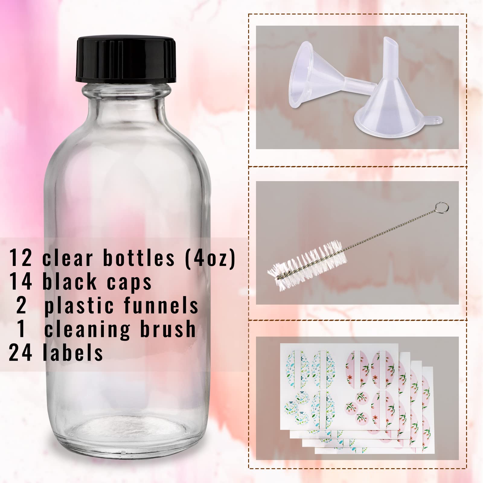 12 Pack 4 oz (120ml) Clear Glass Boston Round Bottles with Black Poly Cone Caps - Includes Labels, Funnels & Brush for Essential Oils, DIY Skincare, and Craft Projects