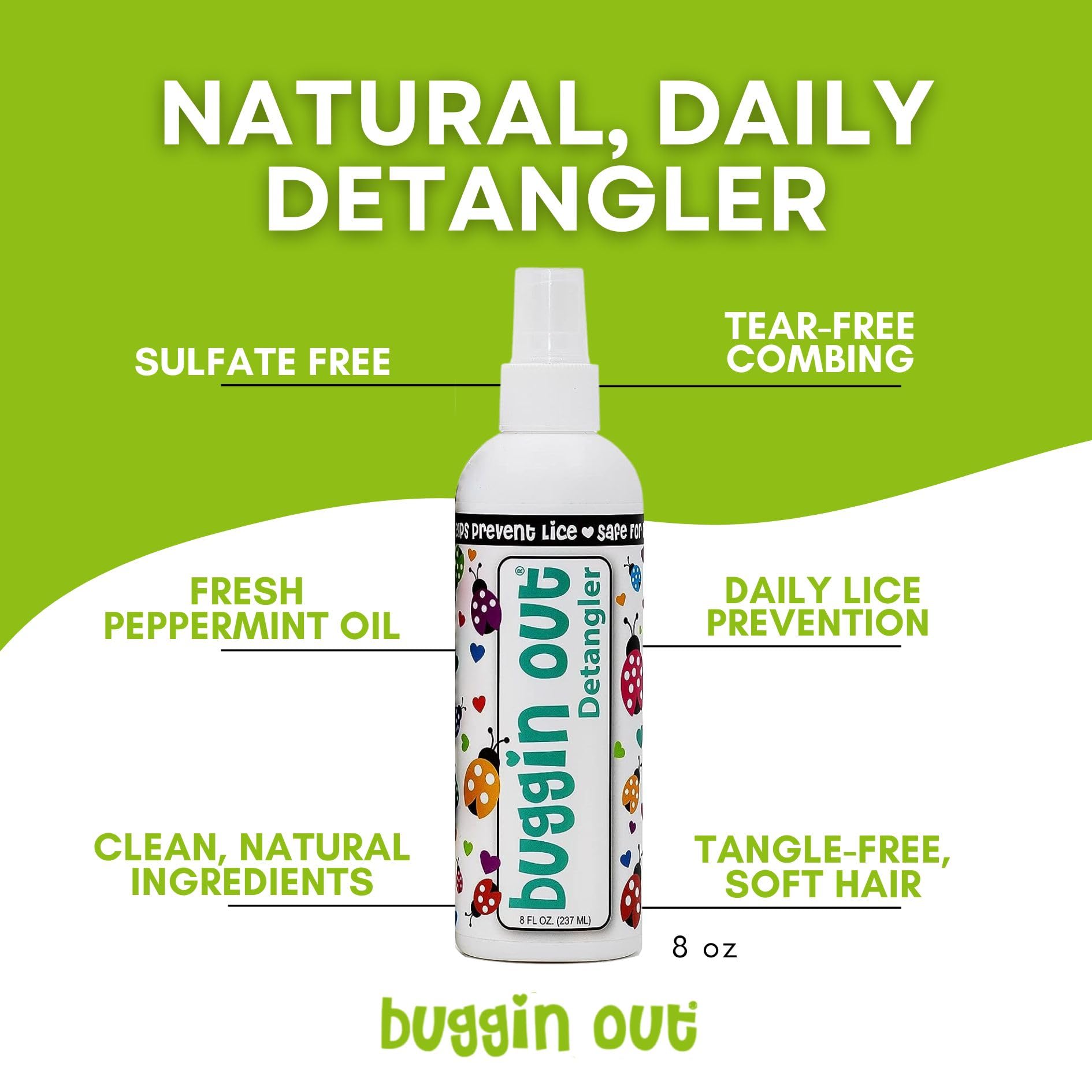 Buggin Out Detangling Spray for Kids - 8oz Lice Prevention & Tangle-Free Hair Solution | Safe, Gentle & Daily Use for Smooth, Healthy Hair | Perfect for School, Play & Everyday Hair Care