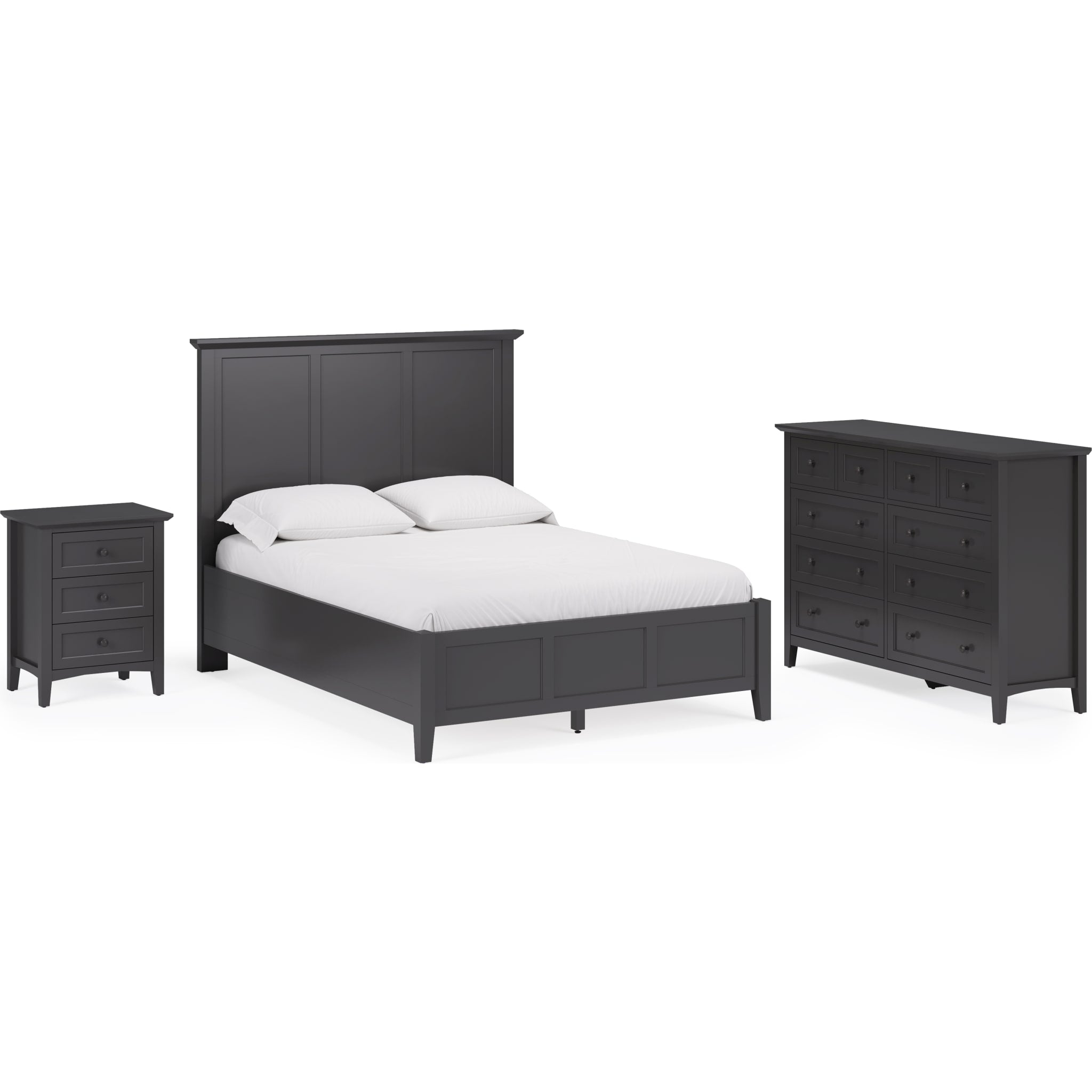 Grace Three Panel Bed Frame in Raven Black - Modern Platform Bed with Upholstered Headboard for Bedroom, Guest Room, or Master Suite
