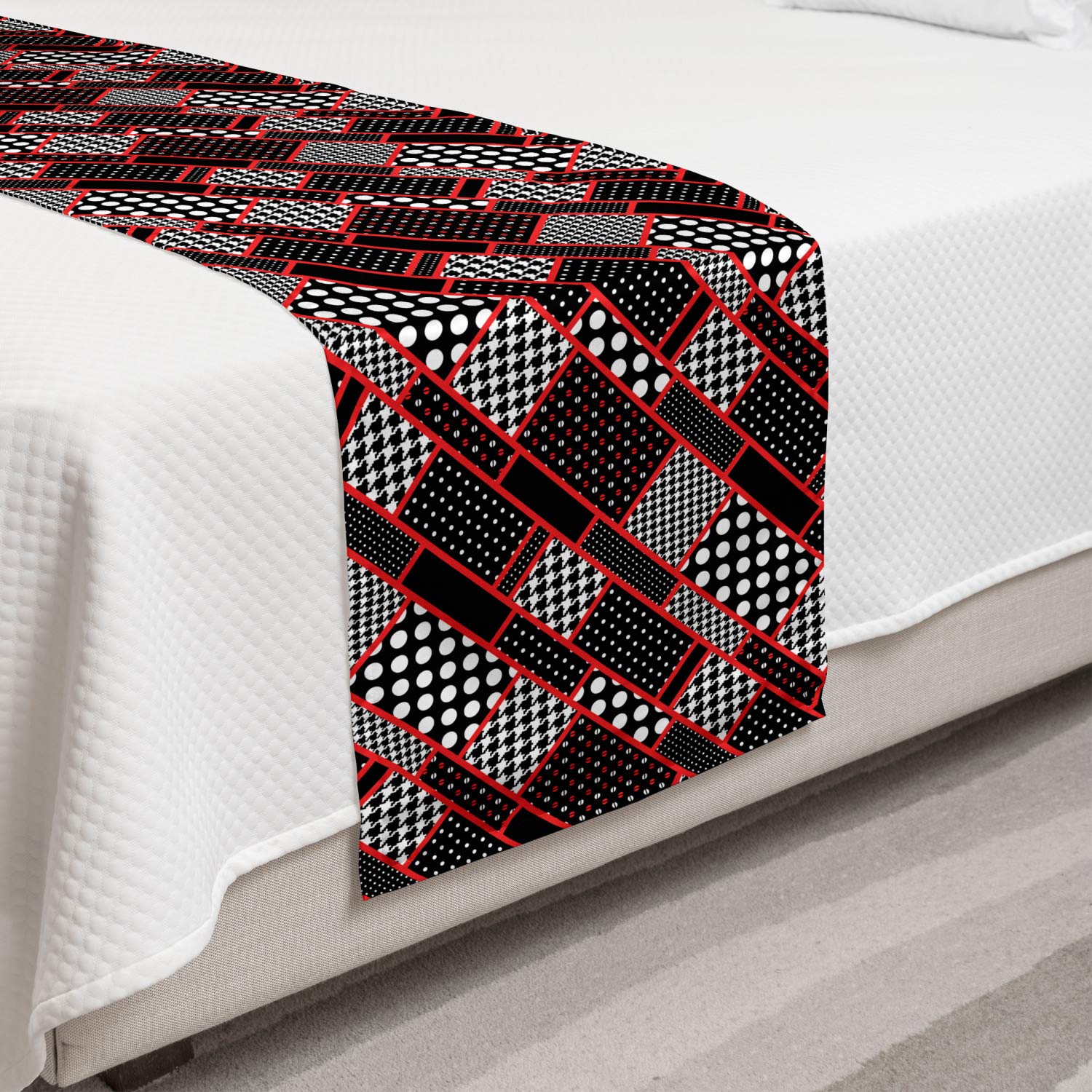 Ambesonne Geometric Bed Runner Set with Retro Patterns - Polka Dots & Houndstooth Design, Decorative Bed Scarf & Pillow Sham for Twin Bed - Scarlet, White & Black | Perfect for Hotels, Homes & Bedroom Decor