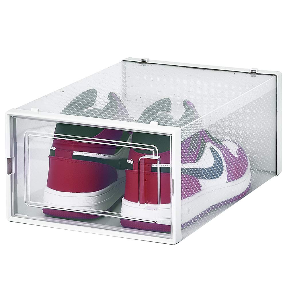 Stackable Shoe Storage Box - Clear & White Interlocking Shoe Organizer with Secure Lid | Perfect for Closet, Bedroom & Entryway Organization (Single Box)