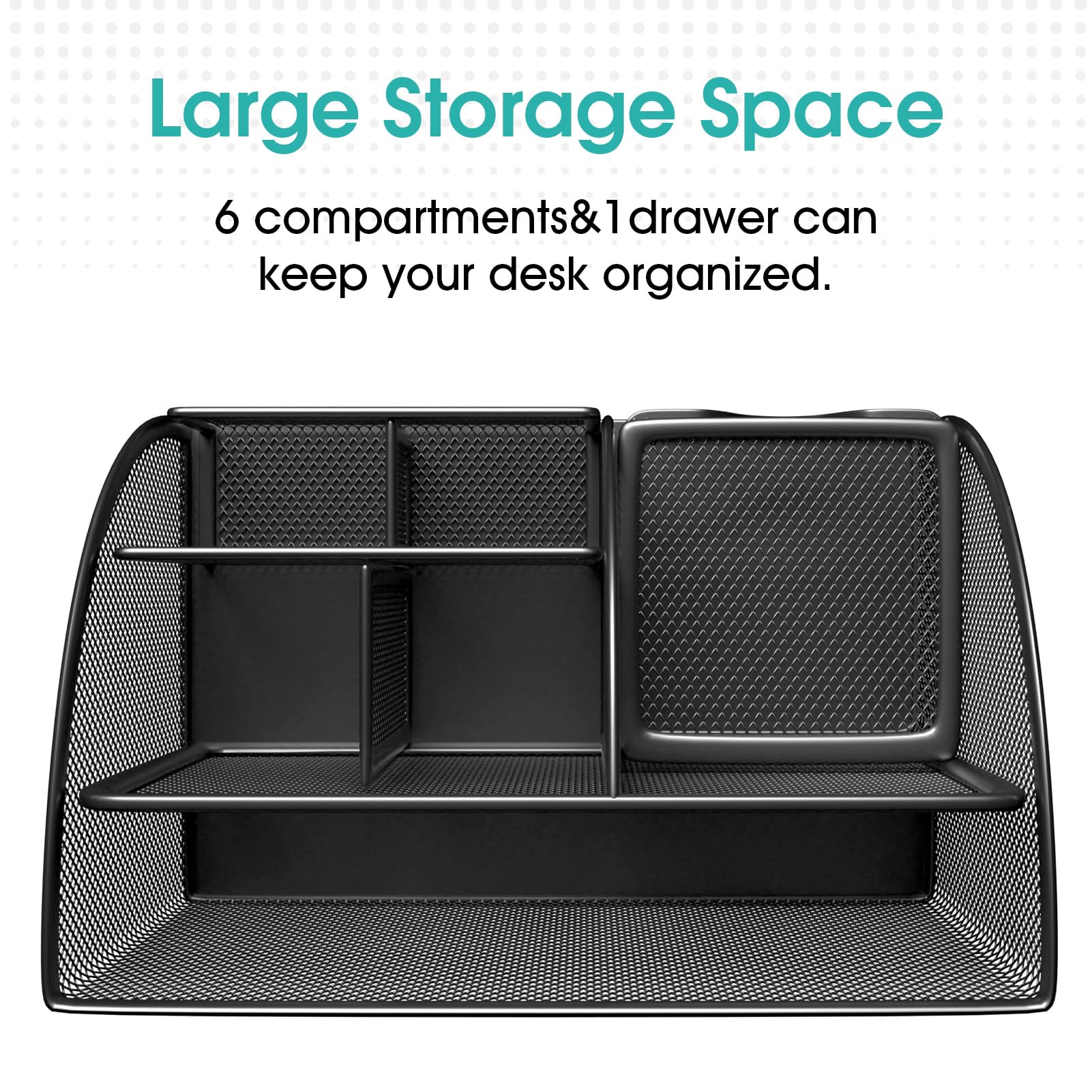 MaxGear 6-Compartment Metal Mesh Desk Organizer with Drawer - Black Office Pen Holder & Stationery Caddy with Non-Slip EVA Base (8.7