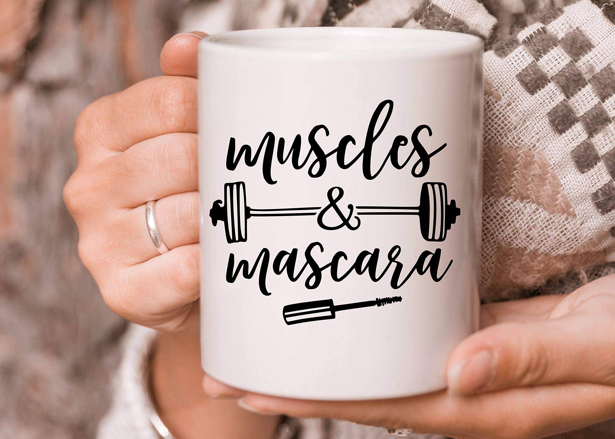 Muscles And Mascara Gym Mug - 11oz Funny Workout Coffee Cup for Women | Perfect Gym Head Gift, Mascara Lover Present & Christmas Gift Idea | Great for Post-Workout Drinks, Makeup Vanity Decor