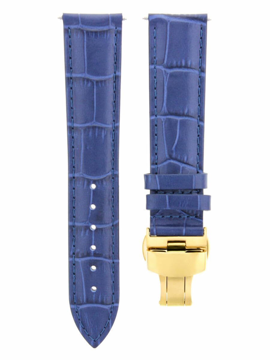 20mm Genuine Leather Watch Band with Deployment Clasp - Compatible with Citizen Eco-Drive Watches (Blue & Gold) | Replacement Strap for Dress Watches, Business & Formal Occasions