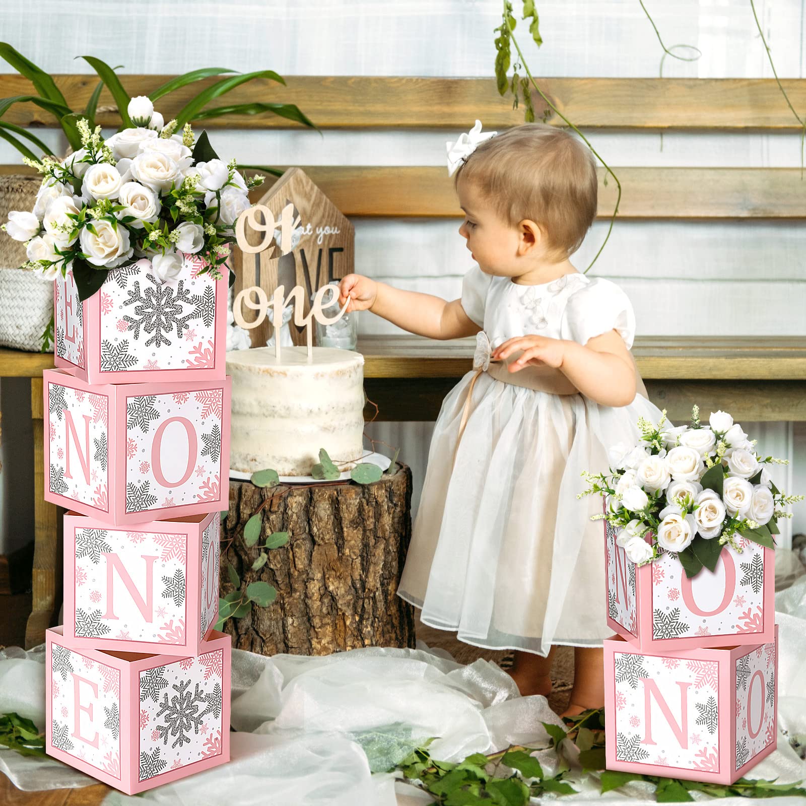 6 Pcs Winter Onederland Snowflake 1st Birthday Decorations Set - Floral Centerpiece Boxes for Baby Shower, Girl or Boy First Birthday Party Decor - Perfect for Table Centerpieces, Cake Display & Photo Backdrop Scenes
