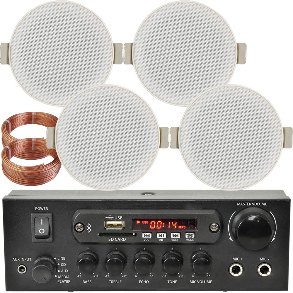 Premium Bluetooth Ceiling Speaker System - 4 Low Profile Stereo Speakers & PRO Amplifier - Wireless HiFi Sound for Home Theater, Restaurants, Cafes, Pubs & Retail Stores - Perfect Background Music & Entertainment Audio Solution