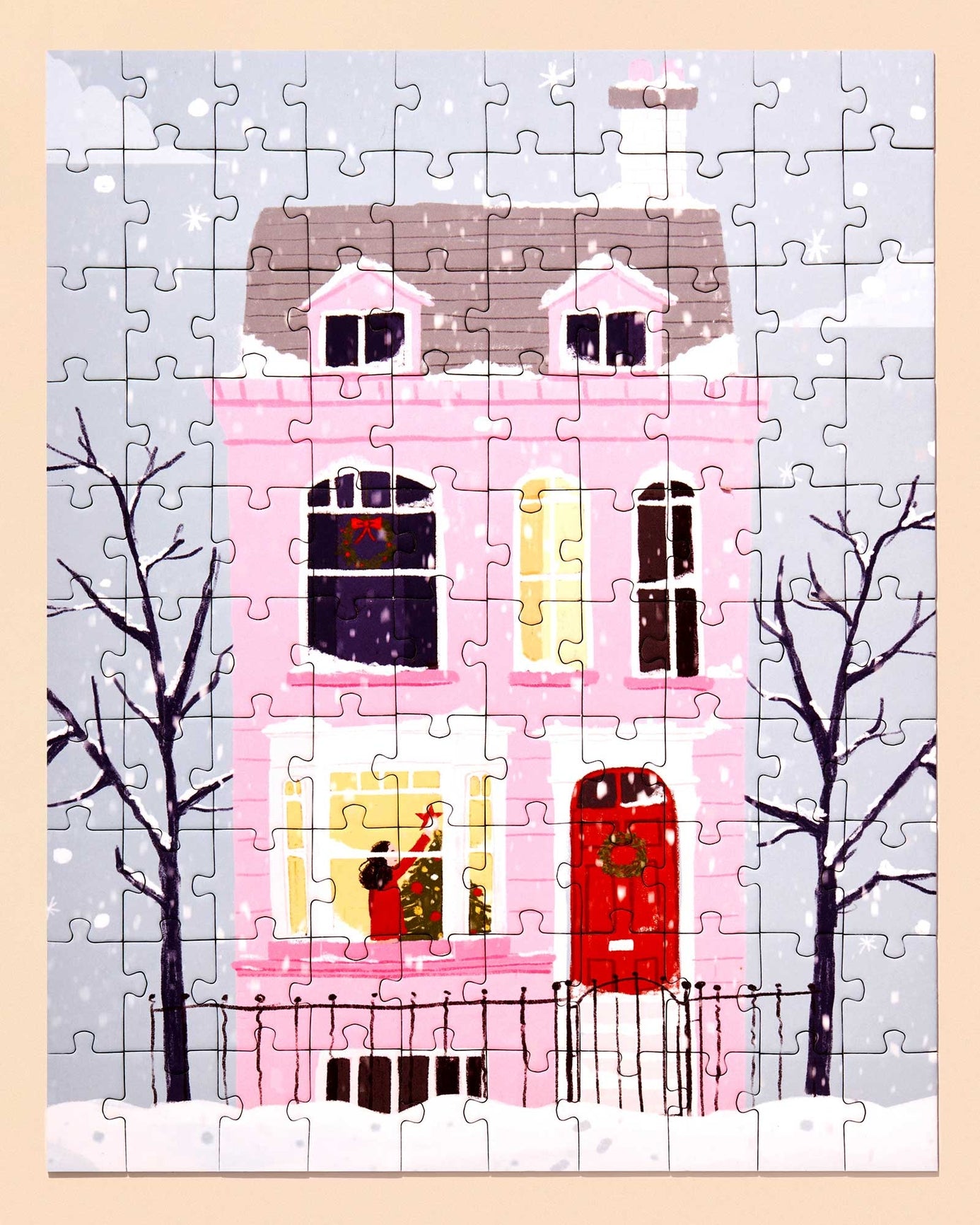 Christmas Pink House 100 Piece Jigsaw Puzzle - Festive Holiday Activity for Kids & Adults, Perfect for Family Game Night & Winter Decor