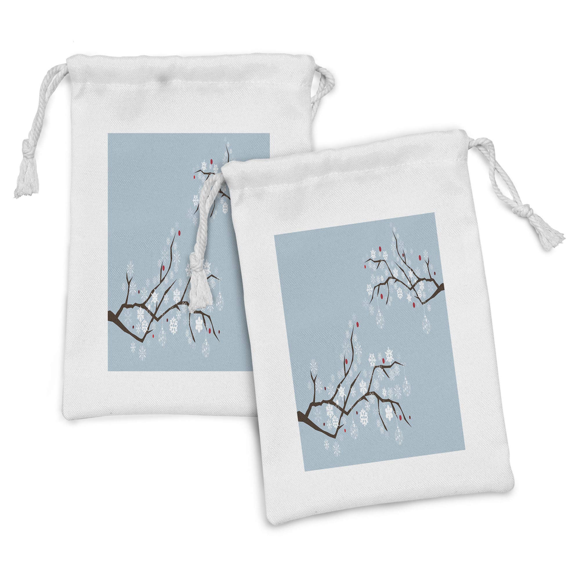 Ambesonne Christmas Snowy Trees Fabric Pouch Set of 2 - Blue Grey Dark Cocoa Drawstring Bags (9