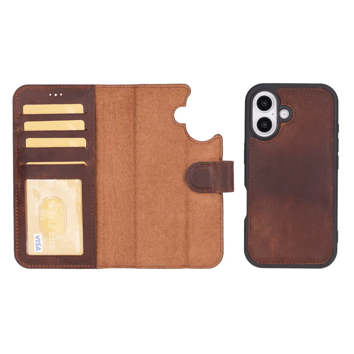 Vintage Brown Distressed Leather Wallet Case for iPhone 16 (6.1-inch) - Slim Protective Phone Cover with Card Slots | Perfect for Everyday Use, Travel & Business