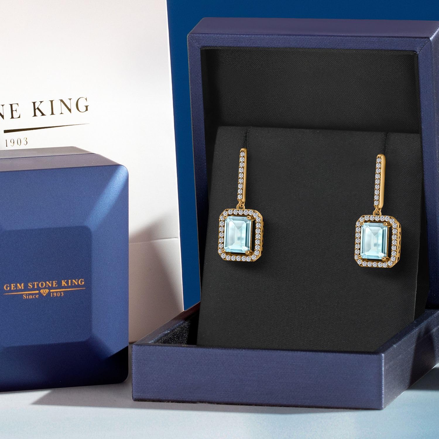 6.27 Ct Emerald Cut Sky Blue Topaz Earrings in 18K Yellow Gold Plated Silver - Elegant Gemstone Jewelry for Women, Perfect for Weddings, Parties & Special Occasions