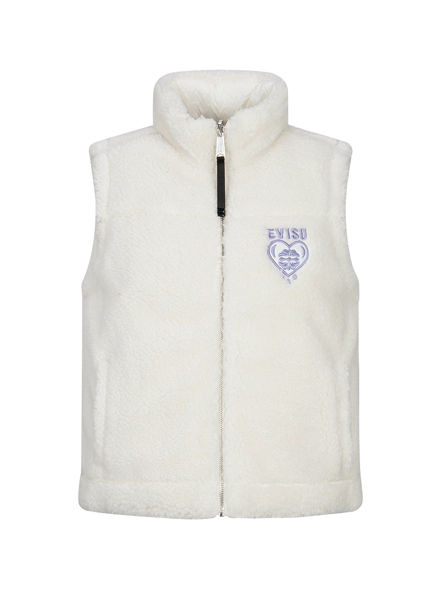 Kamon Heart Appliqué Reversible Sherpa Down Vest for Women - Cozy Winter Fashion Jacket for Outdoor Activities and Casual Wear