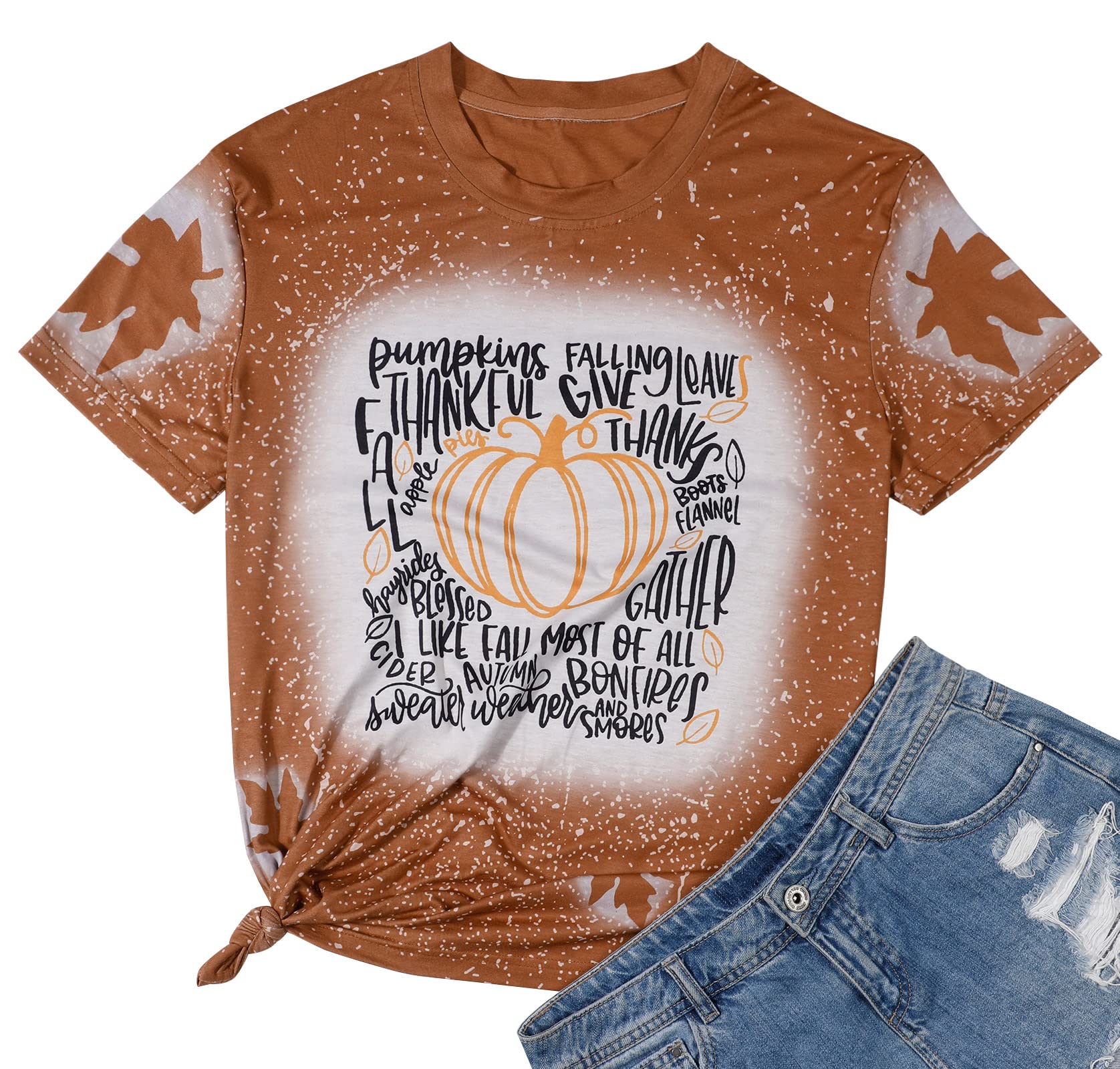 Funny Thankful Pumpkin T-Shirt for Women - Cute Thanksgiving Graphic Tee with Leaves Design - Casual Short Sleeve Fall Top - Perfect for Thanksgiving Parties, Autumn Outings & Family Gatherings