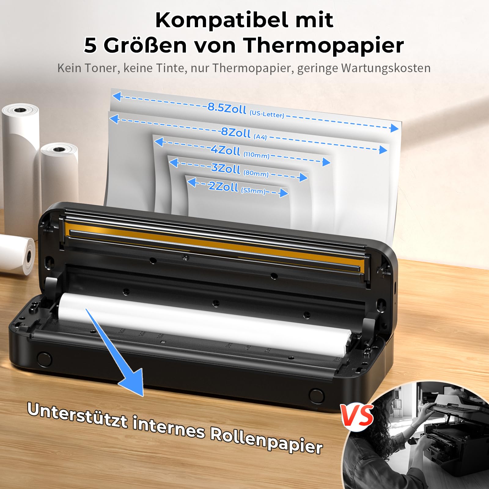 PokeLabel Mobile A4 Printer for Travel - Wireless Bluetooth Thermal Inkless Printer, 300dpi Portable Compact Printer for Android/iOS/Windows/Mac - Perfect for Business Trips, Home Office & On-the-Go Printing