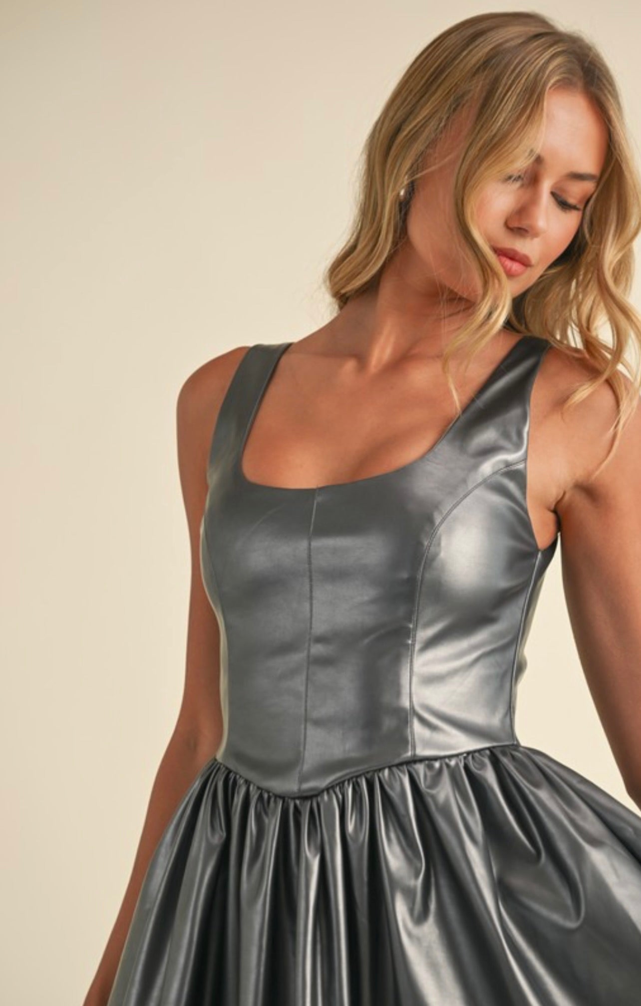 Gunmetal Bustier Top with Gathered Flare Skirt Mini Dress - Elegant Party & Cocktail Attire for Women | Perfect for Date Night, Club Wear and Special Occasions