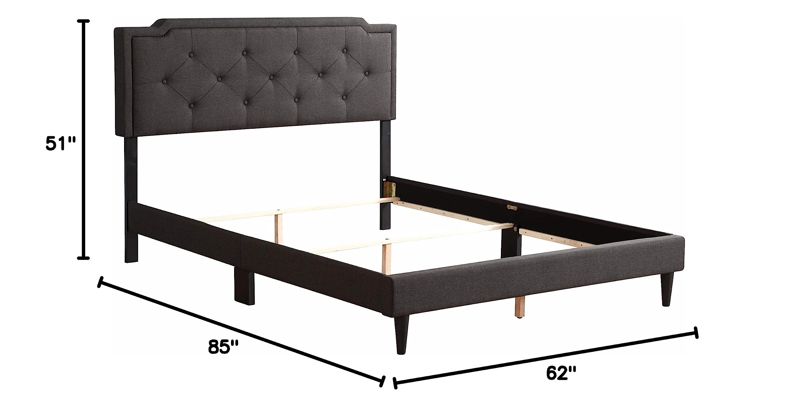 Deb Fabric Upholstered Queen Size Bed Frame in Black - Modern Upholstered Platform Bed with Headboard - Perfect for Master Bedroom, Guest Room & Apartment