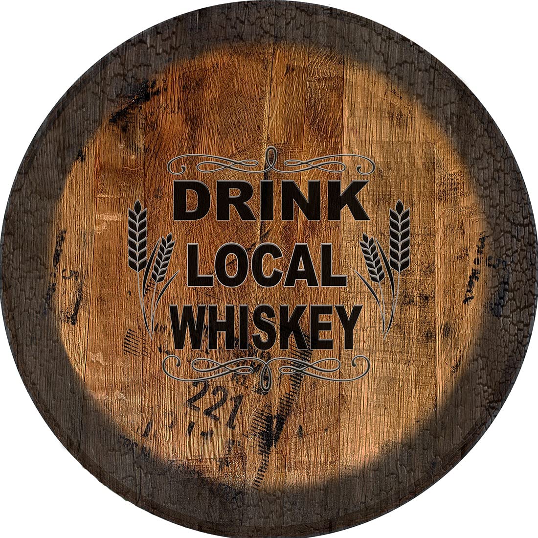 PS Prints Drink Local Whiskey Sign - Large Oak Whiskey Barrel Lid Wall Decor for Home Bar, Man Cave & Pub - Rustic Whiskey Barrel Art for Bourbon Lovers