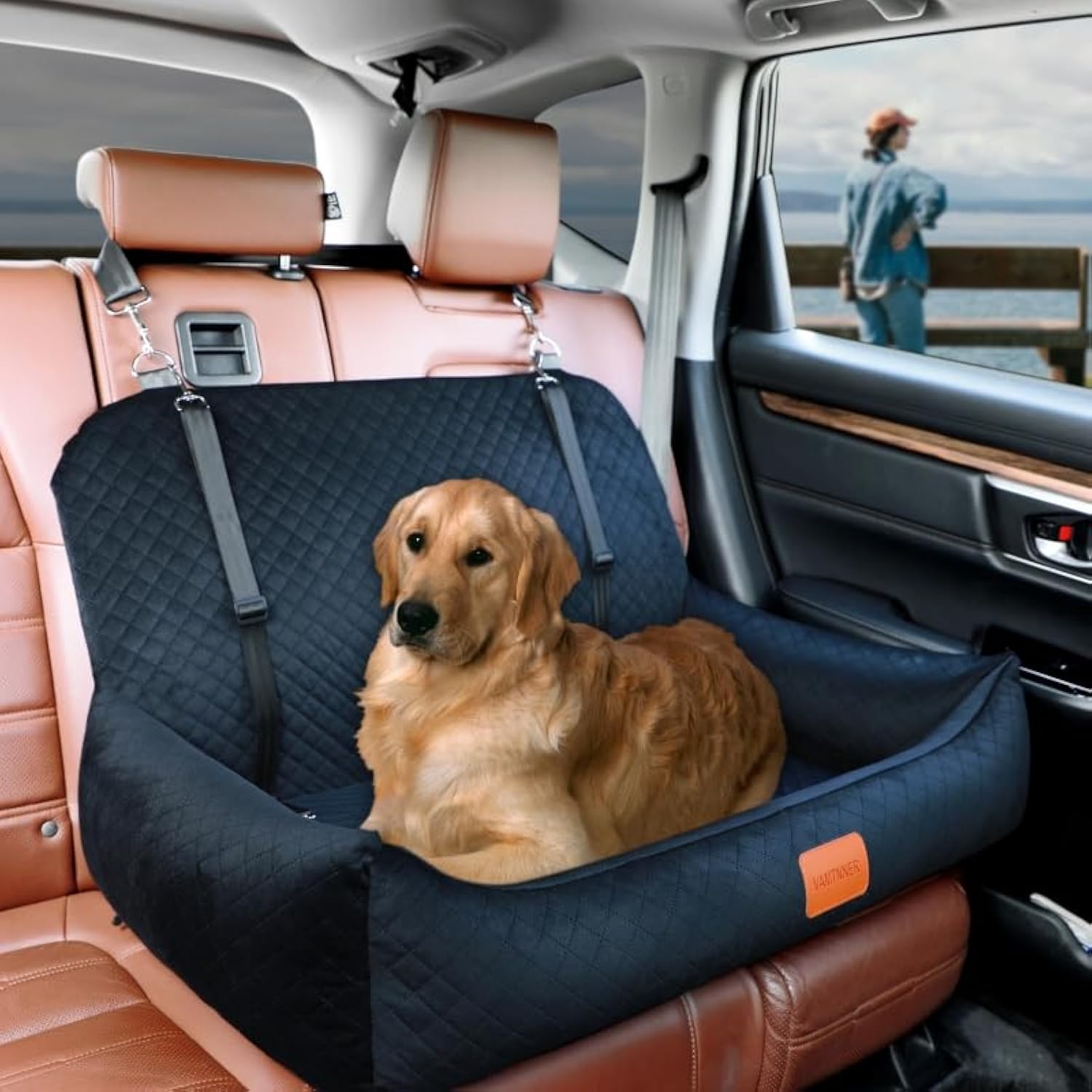 Premium Dog Car Seat Bed for Large & Medium Dogs or 2 Small Pets - Washable Soft Fabric with Non-Slip Base - Travel Safety Booster Seat for Dogs & Cats - Easy to Assemble & Clean (Black) - Perfect for Road Trips, Vet Visits & Daily Commutes
