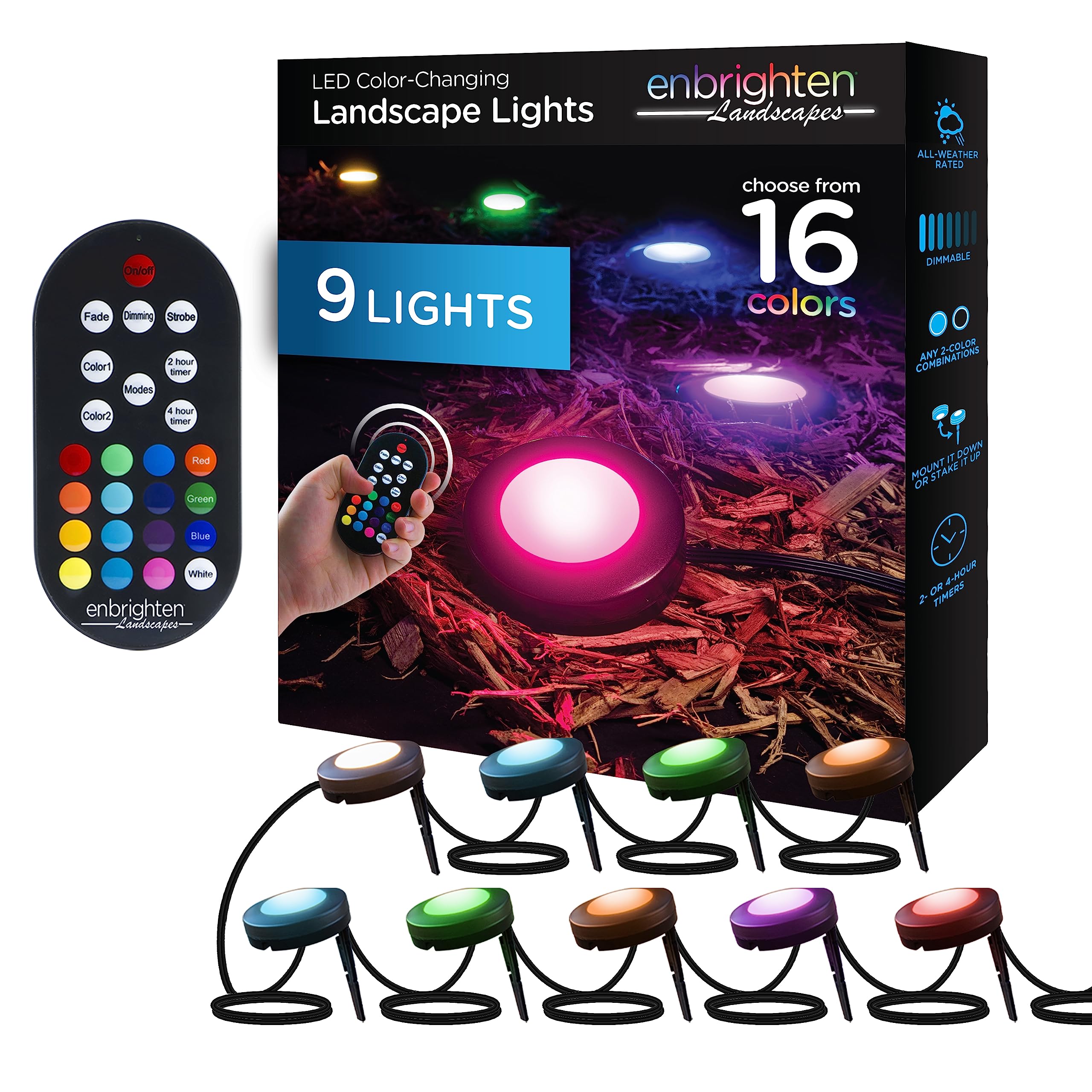 Enbrighten Premium LED Landscape Lights - 9 Pack, 80ft Color Changing Outdoor Path Lights with Remote Control (Model 41015) - Perfect for Garden, Yard, Walkway, and Patio Lighting
