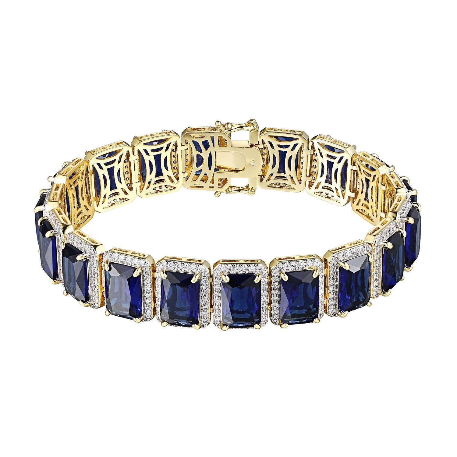 Men's Blue Ruby CZ Solitaire Bracelet - 14k Gold Plated Hip Hop Jewelry for Rick Ross Style | Perfect for Parties, Gifts & Streetwear Fashion
