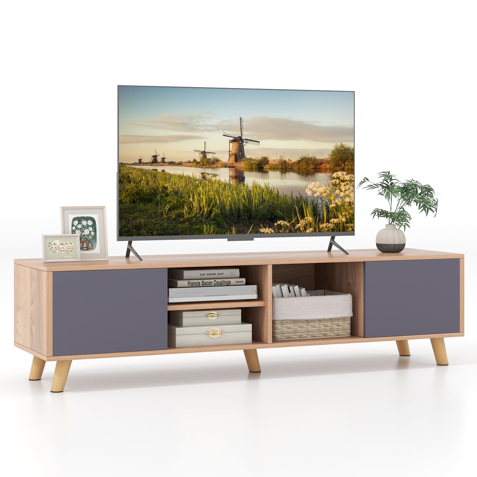 Tangkula 65 Inch TV Stand with 2 Doors & Open Shelves - Modern Media Console with Cable Management Holes - Entertainment Center for Living Room, Bedroom & Home Theater (Natural Gray Finish) - Perfect for Streaming, Gaming & Home Decor